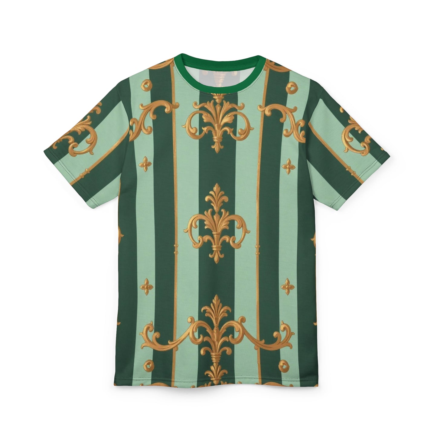 Chic Unisex Cut & Sew Tee, Trendy Graphic Tee, Floral Print Shirt, Unique Fashion Top, Gift for Her/Him - Mint Green & Teal Striped Gold Baroque