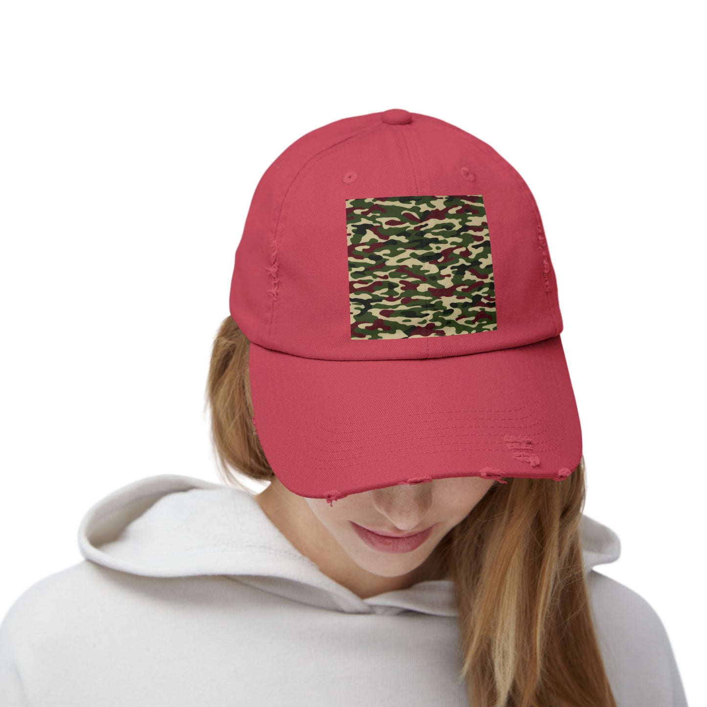 Camo Distressed Cap | Unisex Fashion Hat, Trendy Outdoor Accessory, Gift for Him/Her, Casual Wear, Sports Cap - Army Green & Burgundy Camo