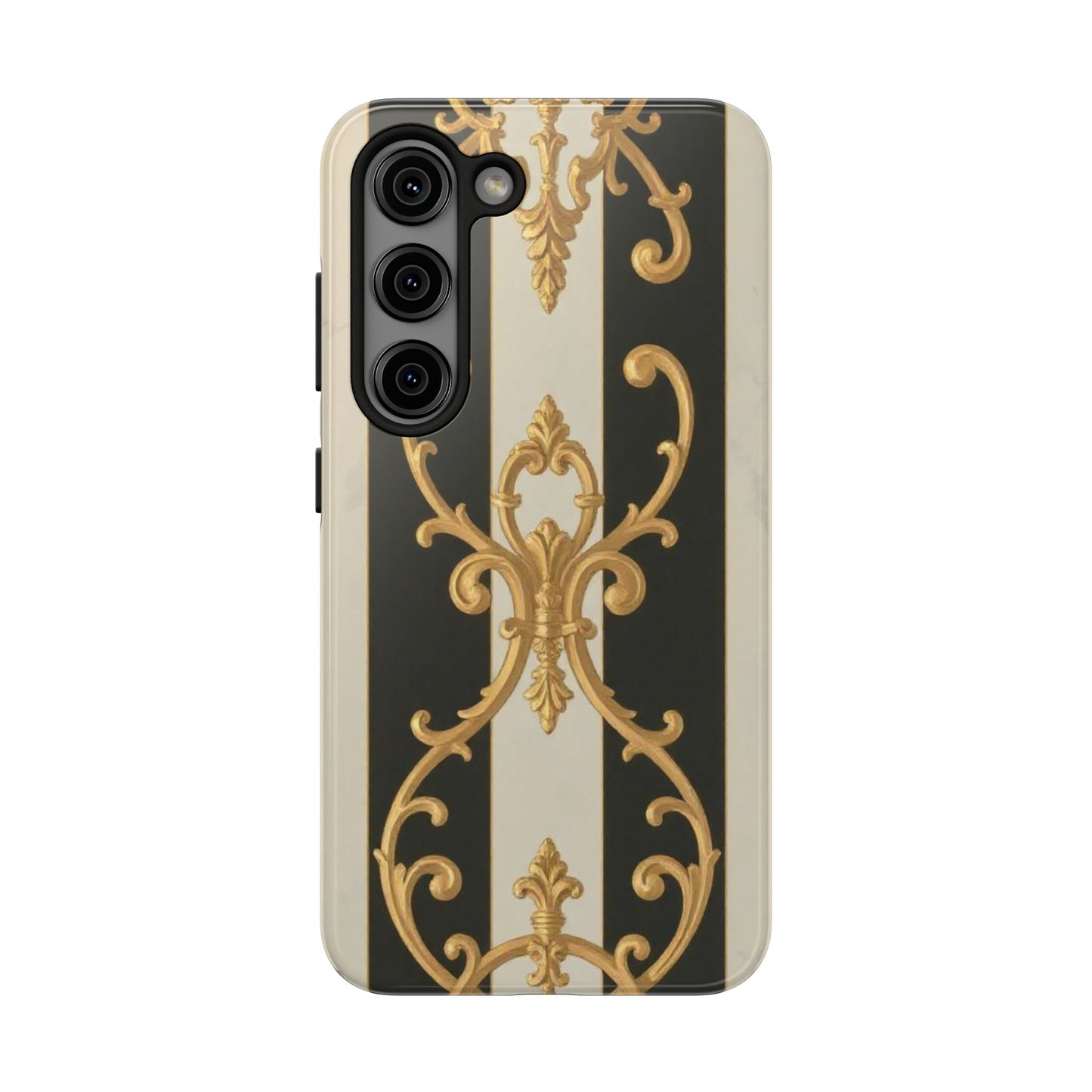 Elegant Black & Alabaster Striped Baroque Tough Phone Cases - Chic Protection, Black Gold Decor, Stylish Accessory, Gift for Her, Trendy Tech