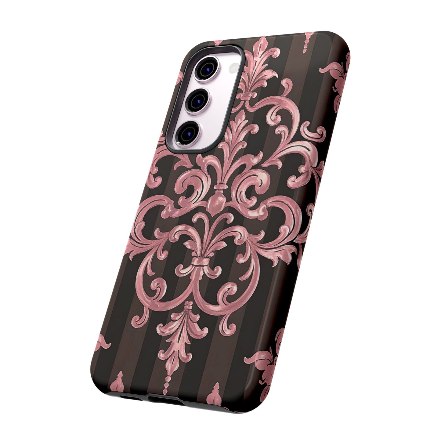 Elegant Floral Motif Phone Case - Tough Cases with Vintage Design - Brown Striped Mauve Damask
