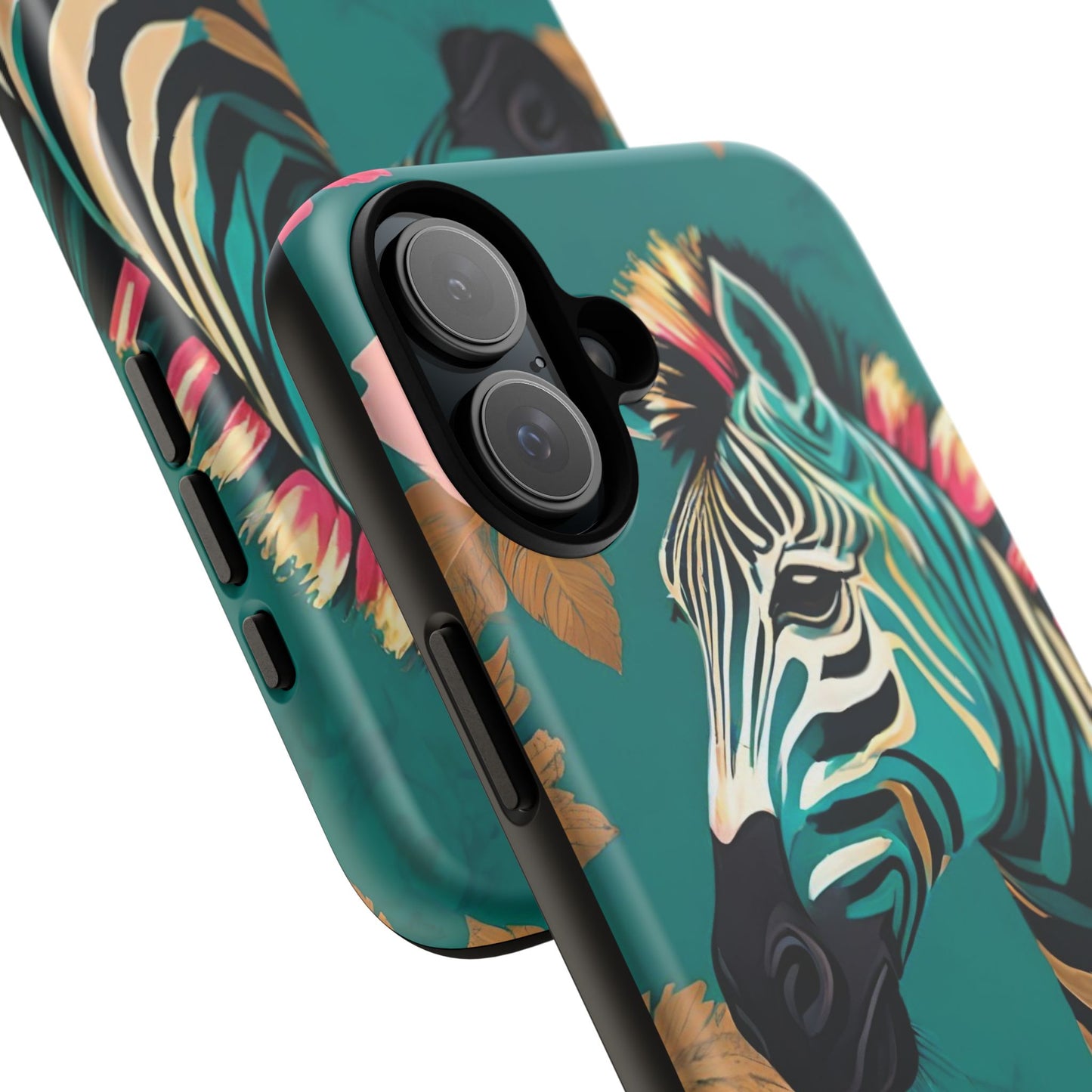 Phone Case - Elegant Teal & Gold Zebra & Roses Design