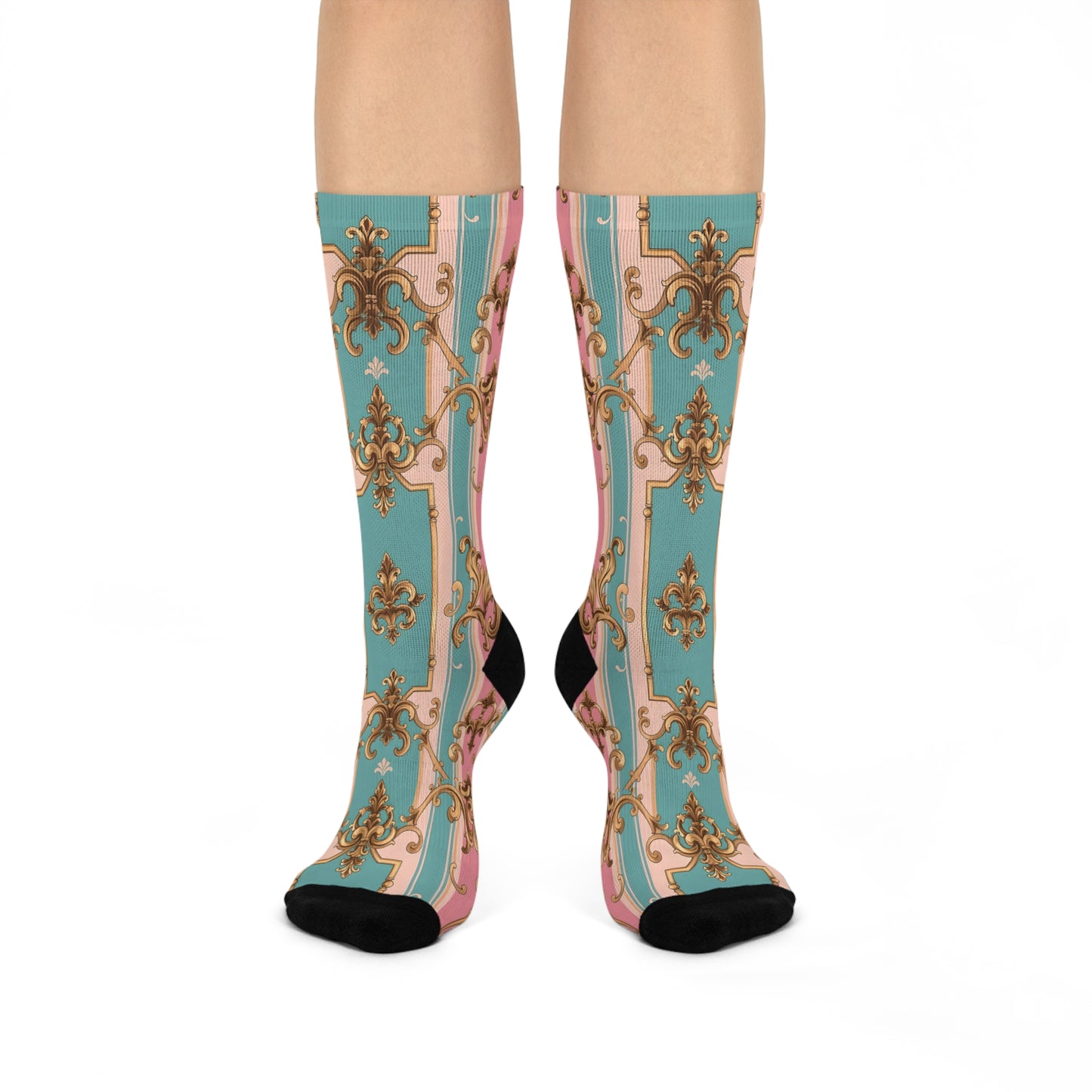 Stylish Cushioned Crew Socks, Comfortable Fashion Socks, Decorative Crew Length Socks - Pink & Matte Turquoise Striped Rococo