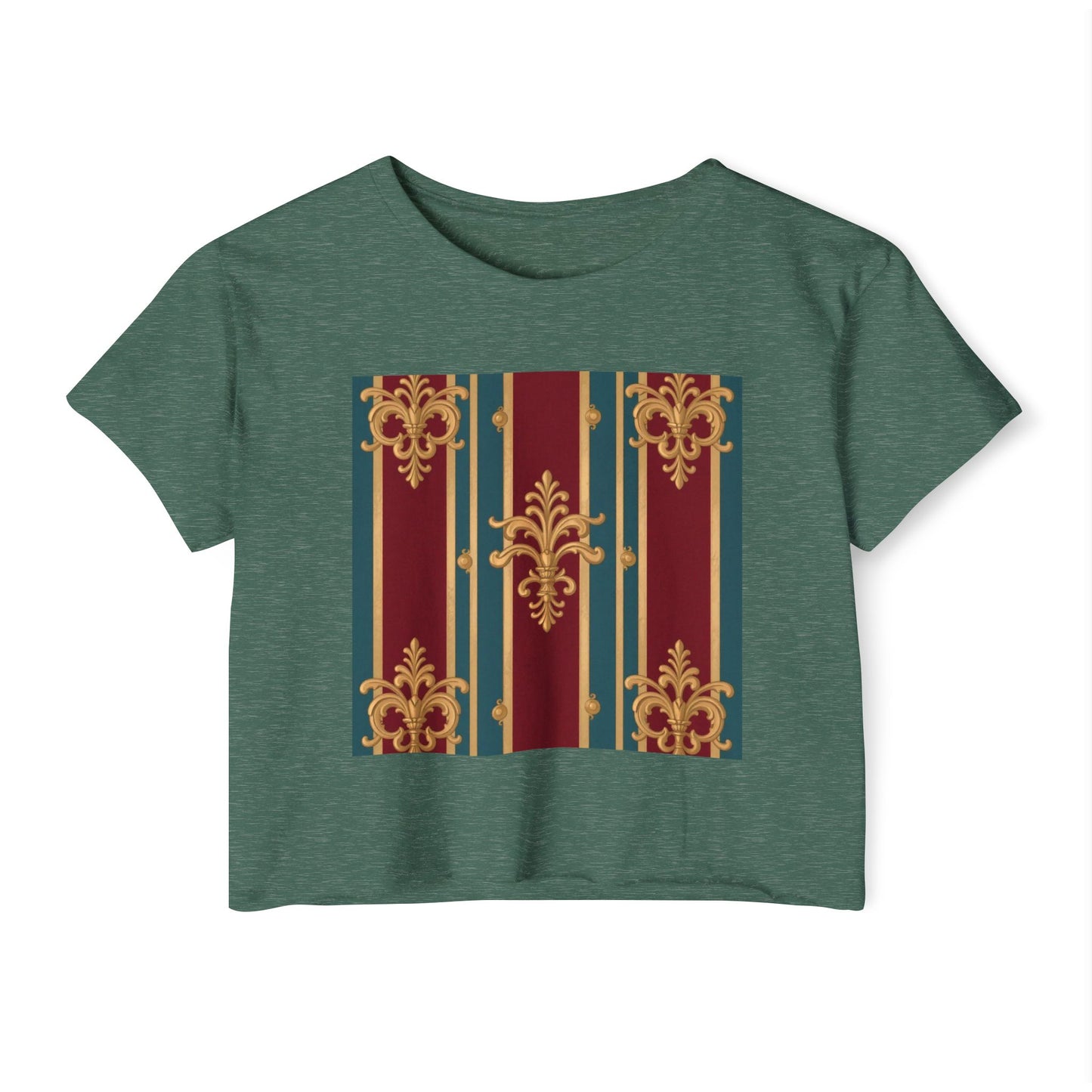 Baroque Chic Festival Crop Top | Women’s Floral Summer Tee, Outdoor Concert Wear, Vacation Top - Burgundy Striped Gold Baroque