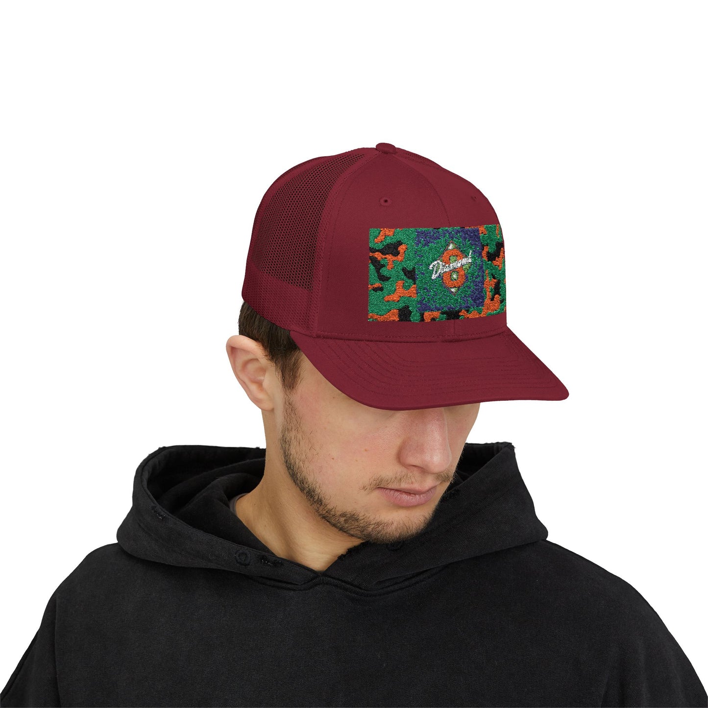 Colorful Camouflage Snapback Trucker Cap, Casual Hat, Outdoor Gear, Unisex Headwear, Gift for Him/Her - Green & Orange Camo Diamond 8