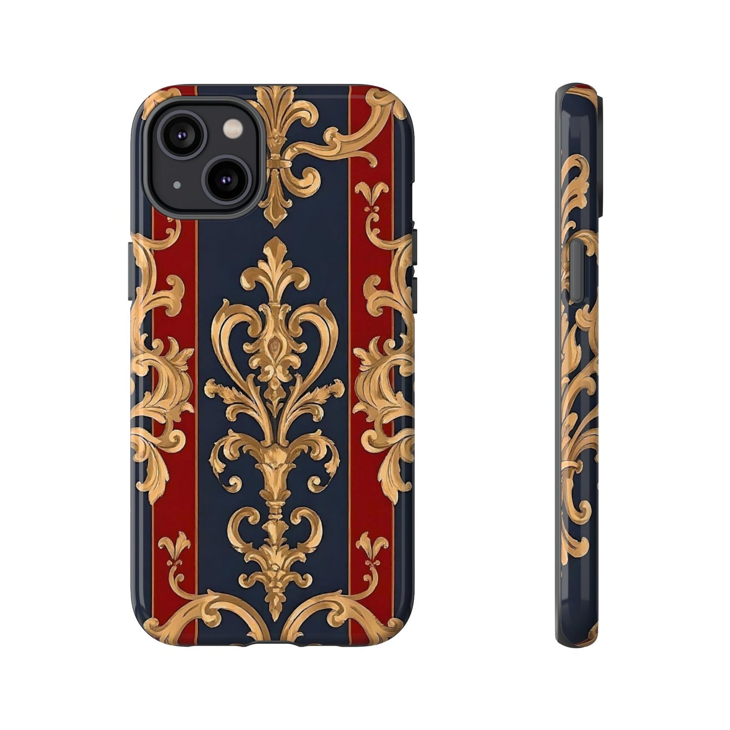 Elegant Floral Motif Phone Case - Tough Cases with Vintage Design - Midnight Blue & Dusk Red Striped Gold Damask