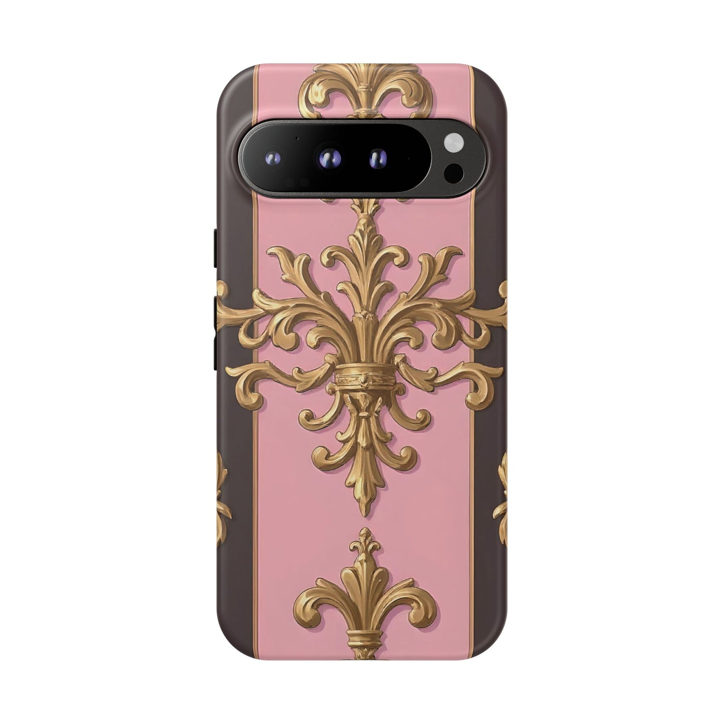 Elegant Floral Motif Phone Case - Tough Cases with Vintage Design - Pink & Brown Striped Gold Damask