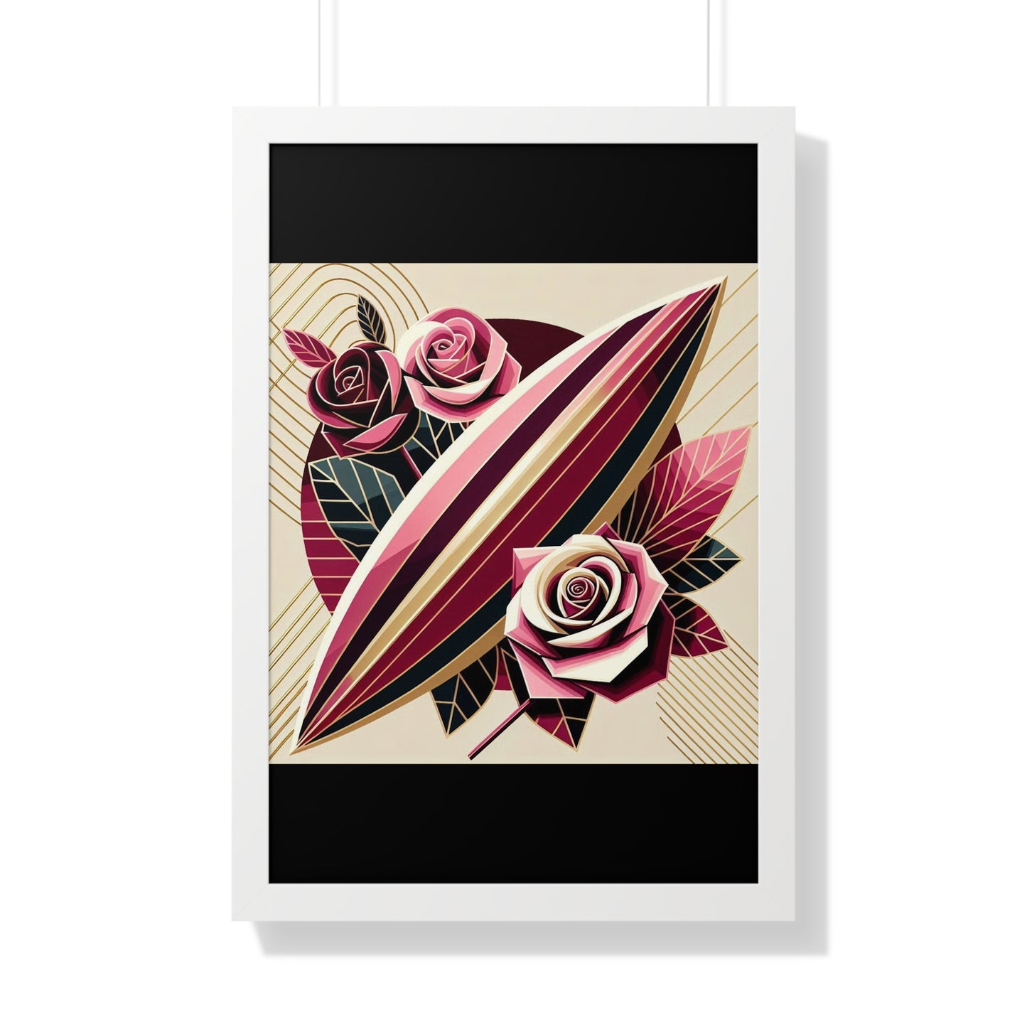 Vertical Poster - Pink & Burgundy Striped Surfboard & Roses Wall Art