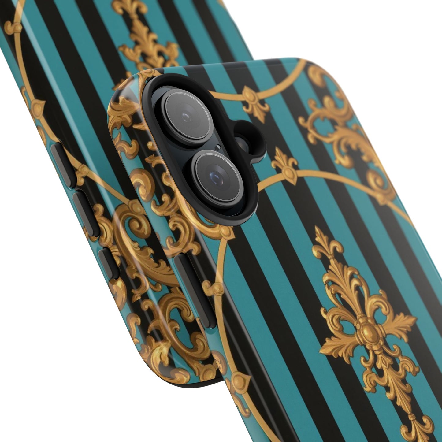 Elegant Turquoise & Black Striped Gold Baroque Phone Case, Tough Phone Cases for Fashion Lovers, Gift for Her, Luxury Accessories