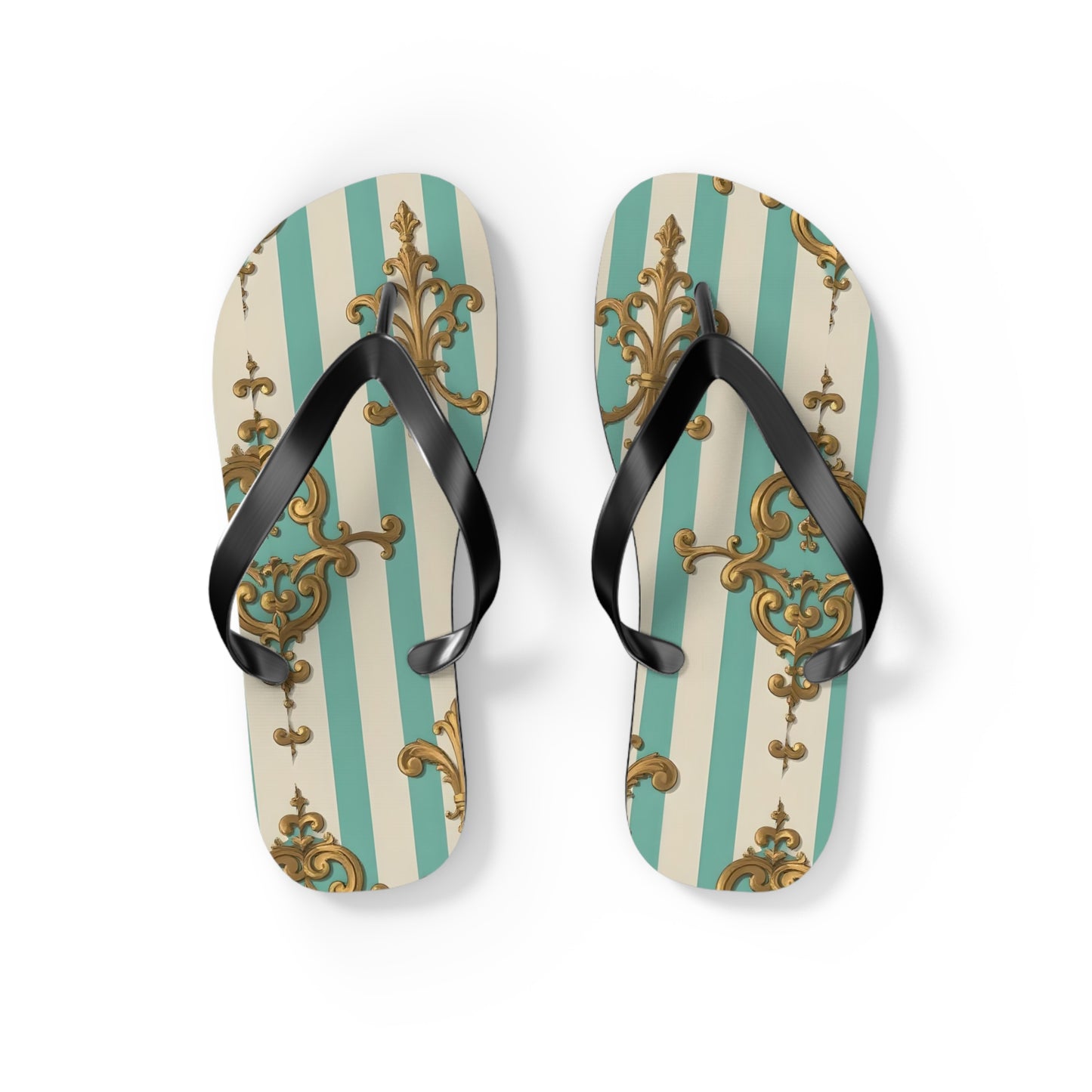 Chic Floral Flip Flops - Summer Sandals, Beach Footwear, Vacation Ready, Boho Style, Gift for Her - Matte Green Striped Rococo