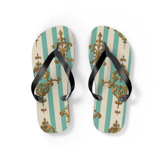 Chic Floral Flip Flops - Summer Sandals, Beach Footwear, Vacation Ready, Boho Style, Gift for Her - Matte Green Striped Rococo