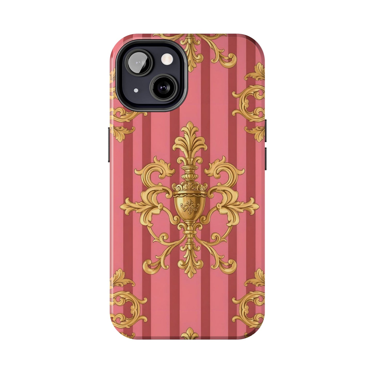 Elegant Baroque Tough Phone Cases, Durable Phone Cover, Stylish Accessory, Gift for Any Occasion - Pink Striped Gold Baroque