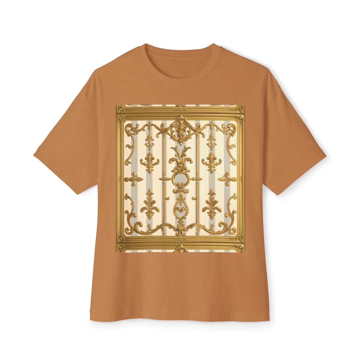 Golden Art Unisex Oversized Tee, Graphic Tee, Trendy Streetwear, Casual Shirt - Matte Gray & Cream Striped Gold Baroque