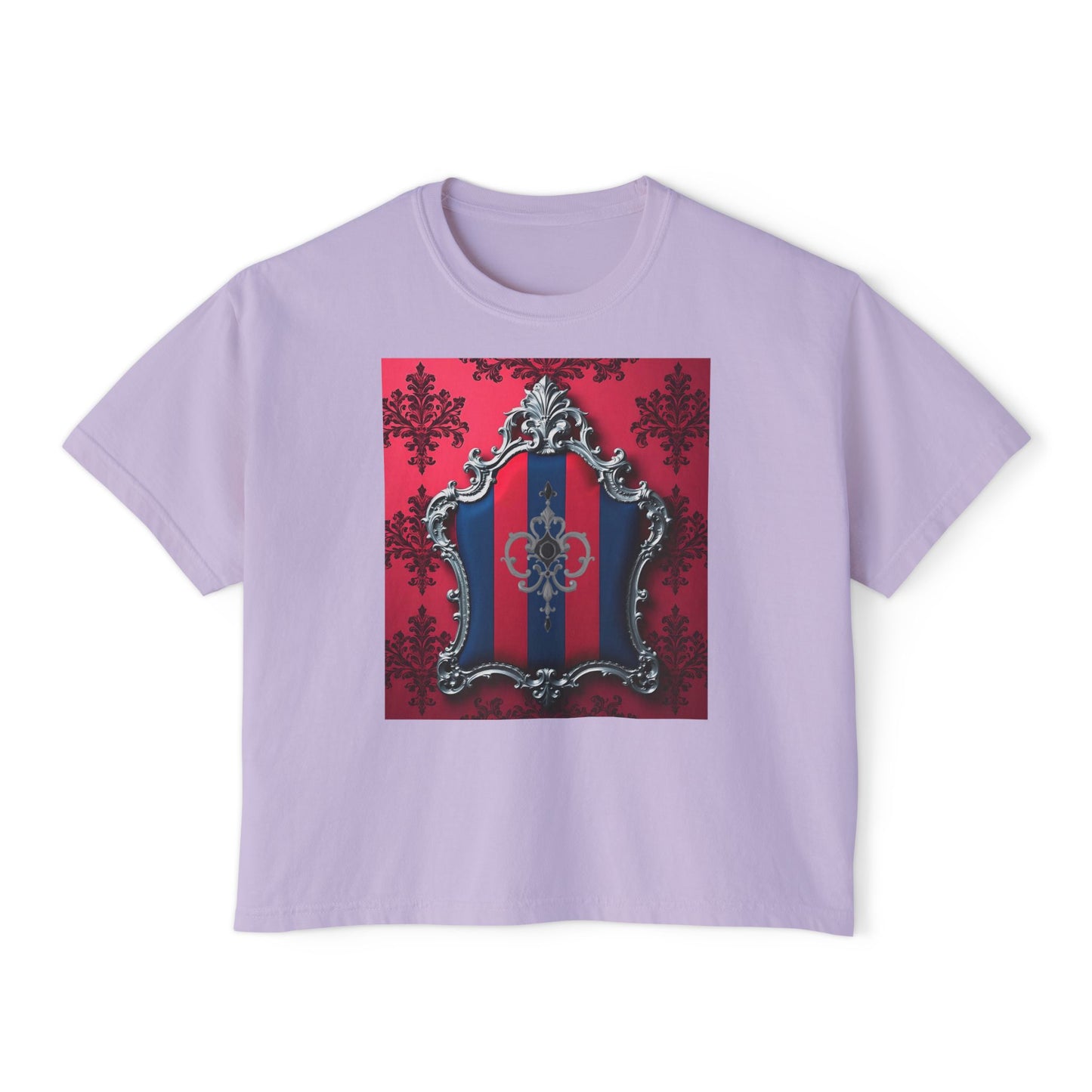 Vintage-Inspired Women's Boxy Tee, Retro Graphic Top, Casual Summer Shirt, Trendy Fashion Tee, Gift for Her - Blue & Red Striped Silver Crest