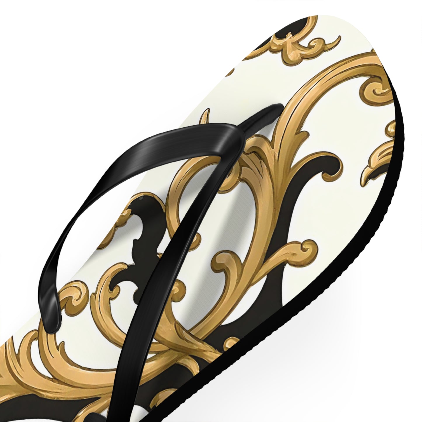 Elegant Floral Flip Flops, Beach Sandals, Summer Casual Footwear, Vacation Essentials, Poolside Accessories, Gift for Her - Black & Gold Rococo
