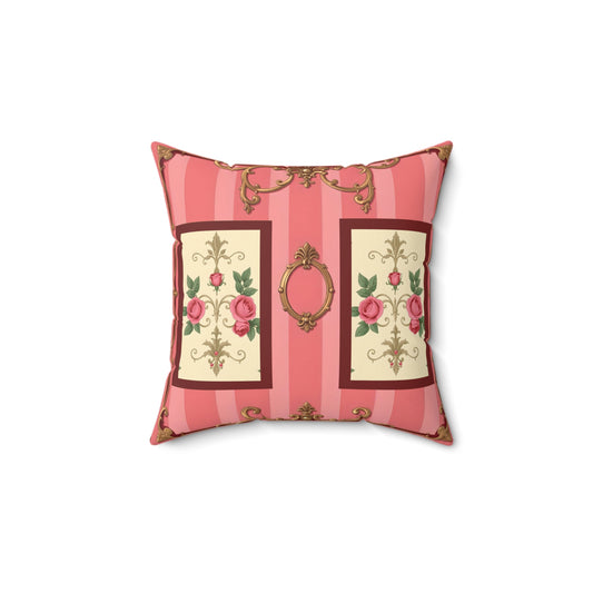 Vintage Floral Faux Suede Square Pillow - Elegant Home Decor - Pink Striped Baroque & Roses