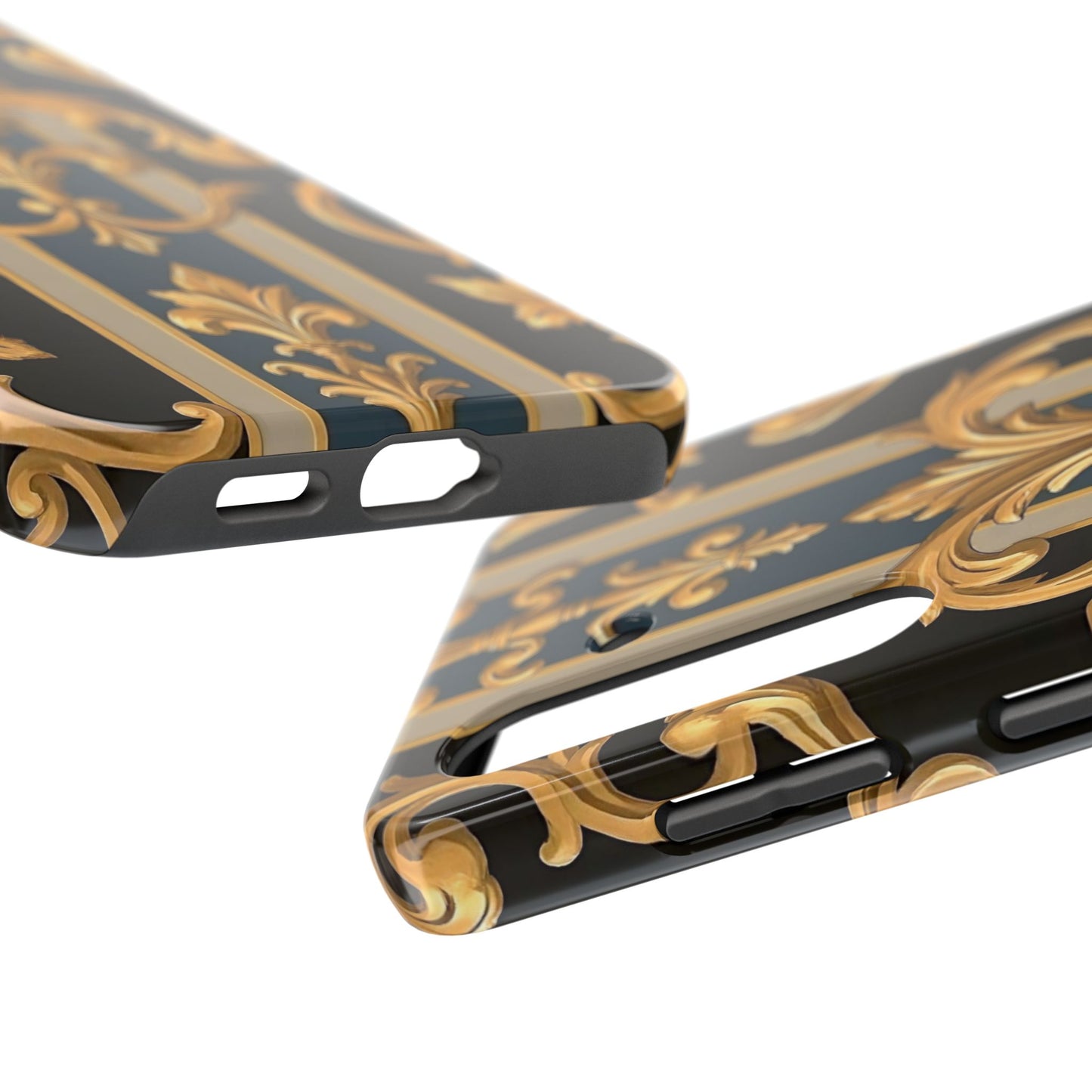 Elegant Rococo Phone Cases, Tough iPhone Case, Floral Design Case, Luxury Phone Cover - Blue & Black Striped Rococo