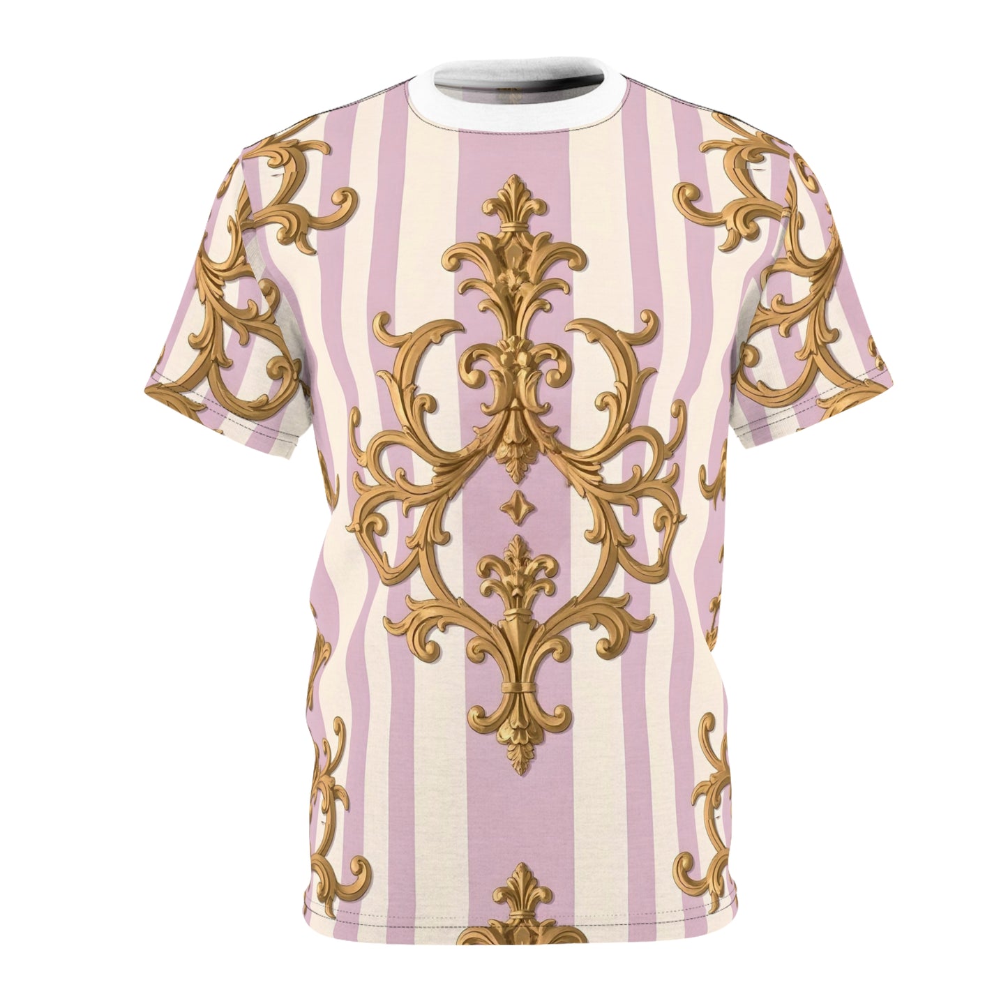 Elegant Patterned Unisex Tee, Chic Graphic T-Shirt, Statement Clothing, Fashion Top - Lilac & Alabaster Striped Gold Baroque