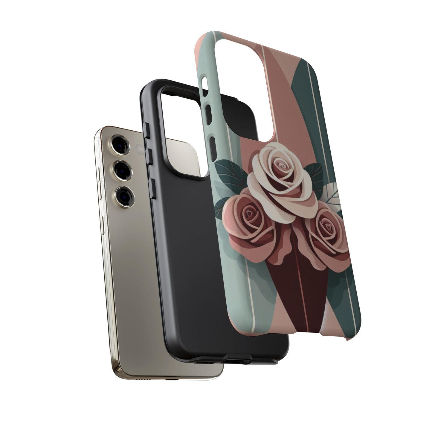 Phone Case - Burgundy, Matte Mauve & Teal Surfboard & Roses Design