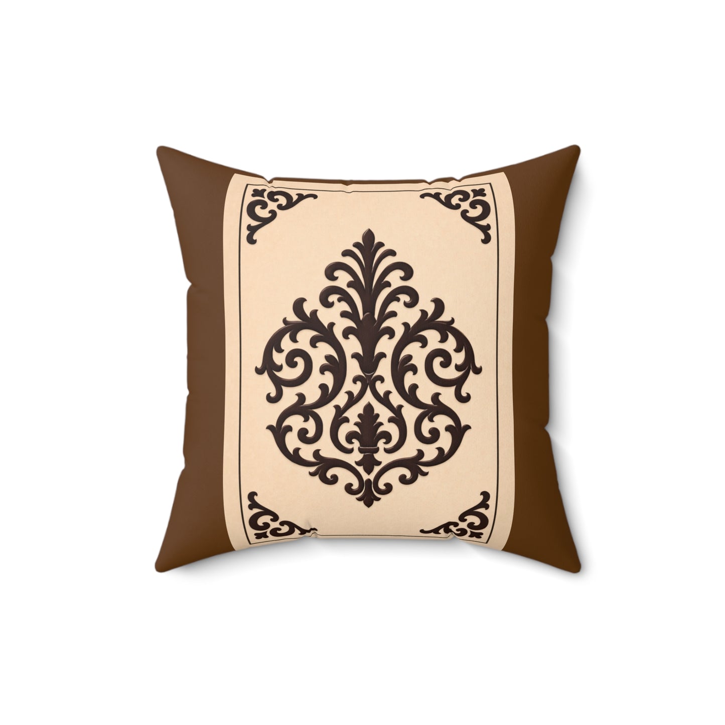 Almond-Beige & Brown Baroque Suede Pillow — Brown Ornate Square Throw Pillow