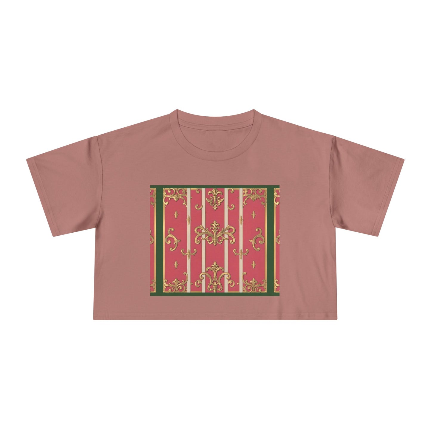 Chic Green Border Pink Striped Baroque Women's Crop Tee - Vintage Style Shirt for Casual Outings, Holidays, Gift Ideas, Spring Fashion, Trendy Top