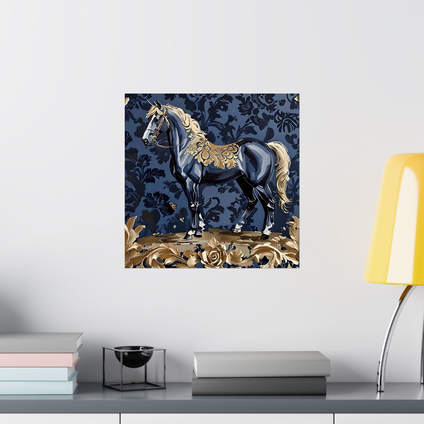 Floral Motif Art Poster - Elegant Matte Vertical Wall Decor - Midnight Blue & Gold Damask Horse