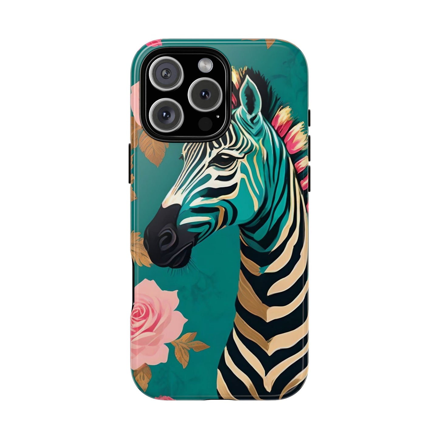 Phone Case - Elegant Teal & Gold Zebra & Roses Design