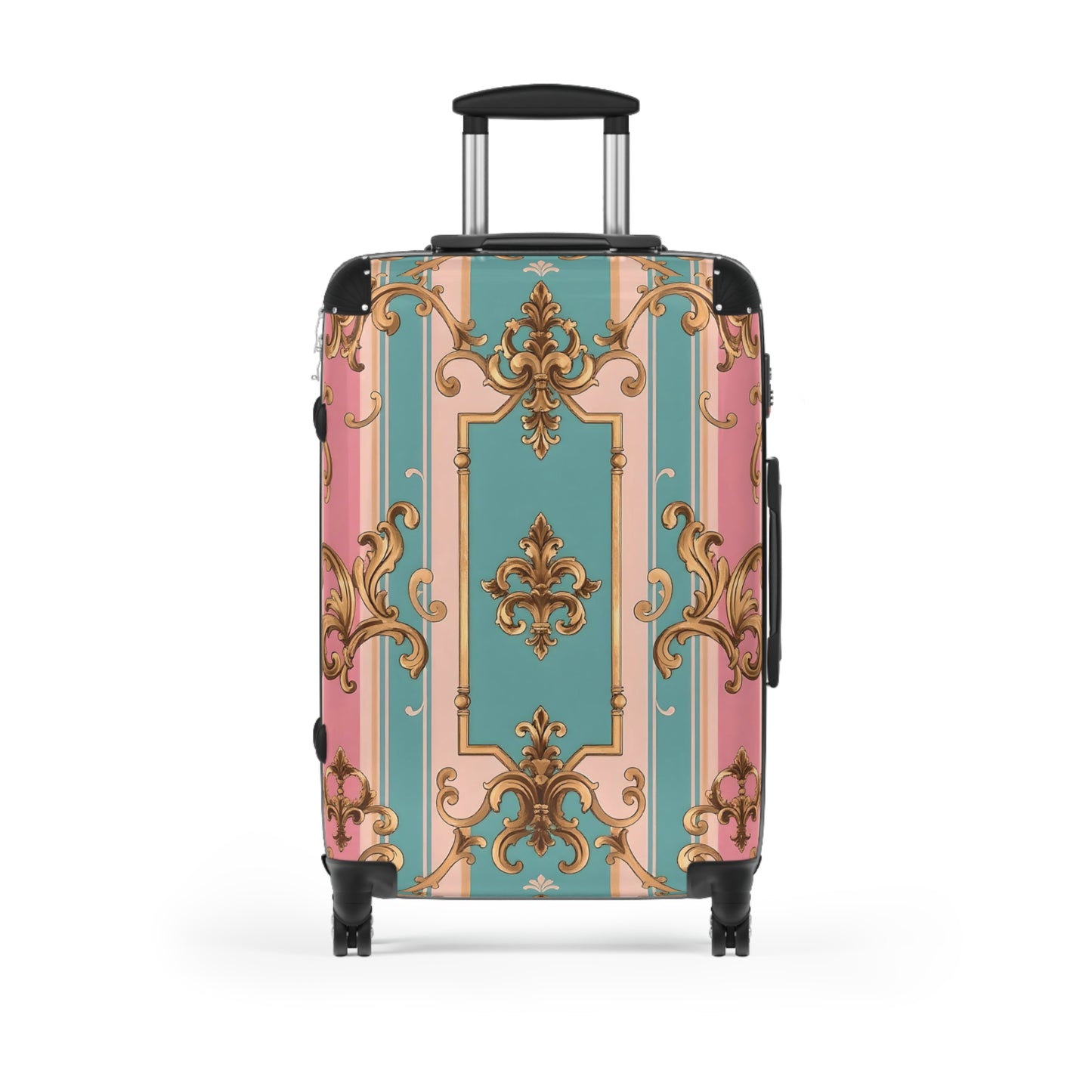Chic Travel Suitcase - Stylish Carry-On Luggage for Jetsetters, Vacation Days, Weekend Getaways - Pink & Matte Turquoise Striped Rococo