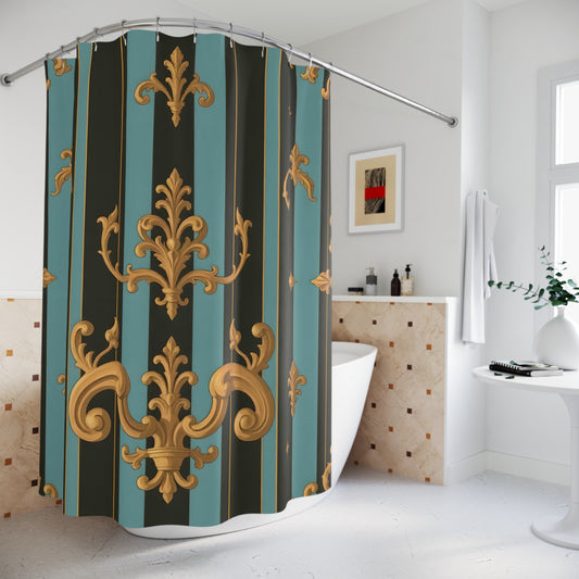 Luxurious Vintage Shower Curtain - Elegant Home Decor, Bathroom Makeover, Gift for Housewarming - Black & Turquoise Striped Baroque