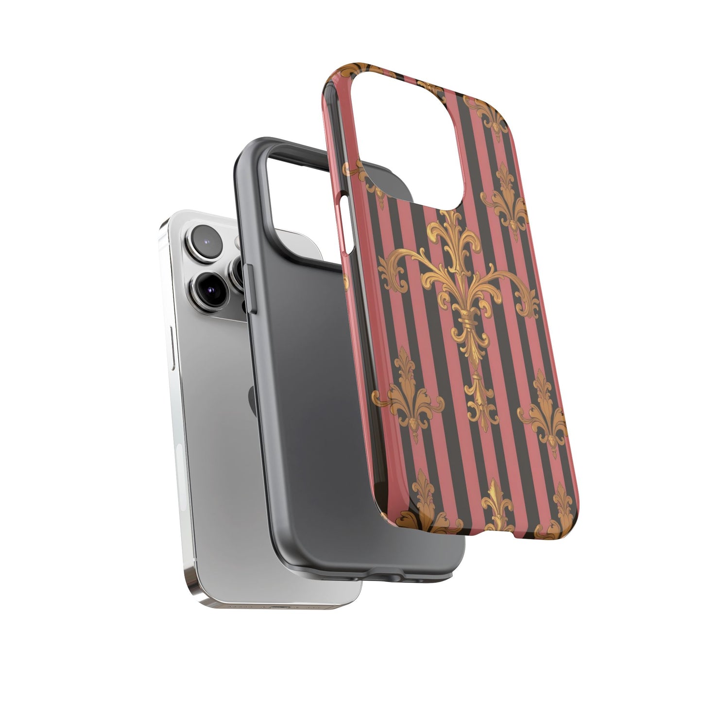 Elegant Floral Motif Phone Case - Tough Cases with Vintage Design - Mauve Striped Gold Damask