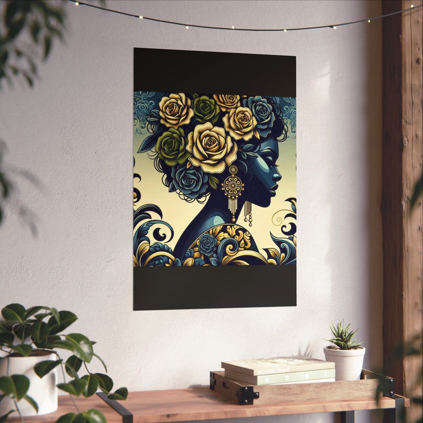 Floral Afro Art Poster - Elegant Matte Vertical Wall Decor - Midnight Blue Lady With Damask & Roses