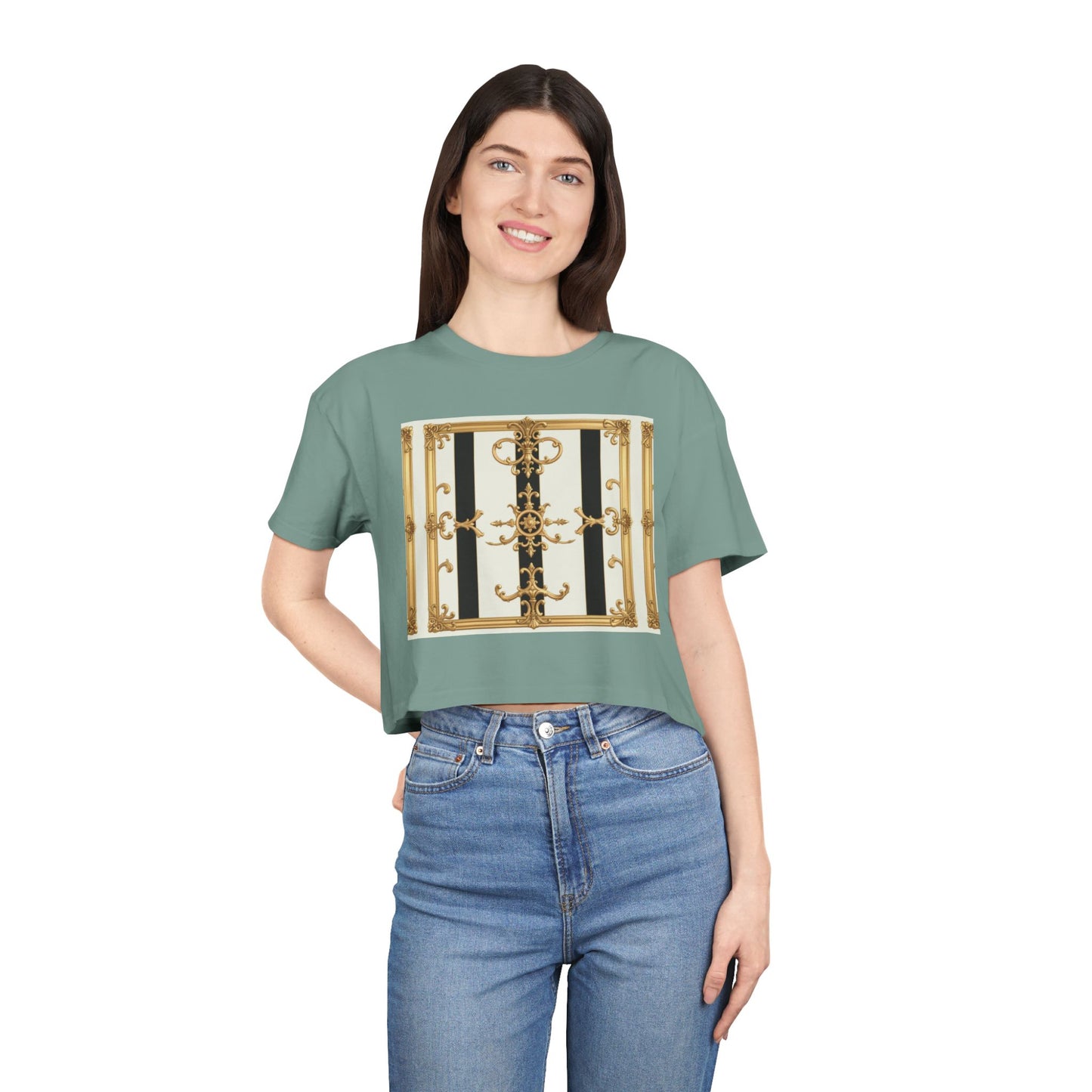 Chic Gold Baroque Women's Crop Tee, Stylish Summer Top, Fashionable Gift for Her, Casual Fashion - Black & White Striped Gold Baroque