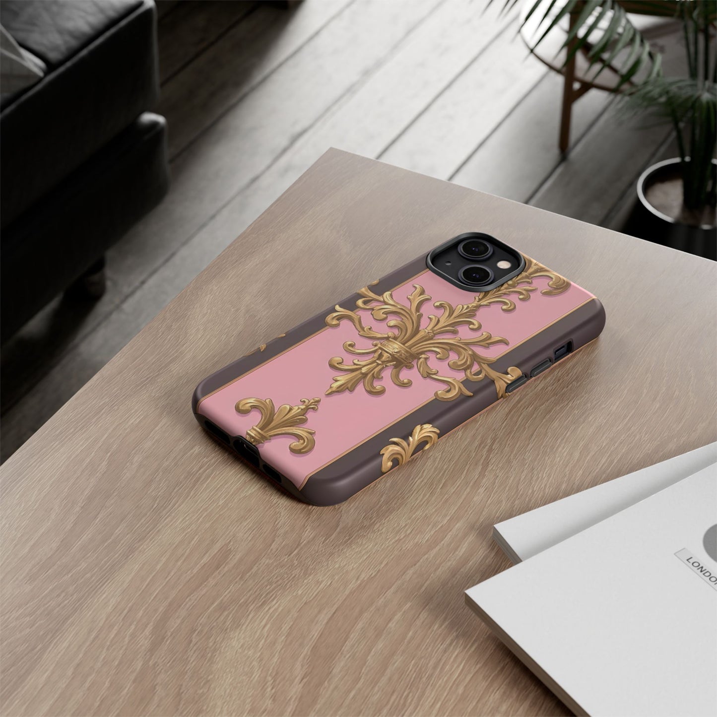 Elegant Floral Motif Phone Case - Tough Cases with Vintage Design - Pink & Brown Striped Gold Damask