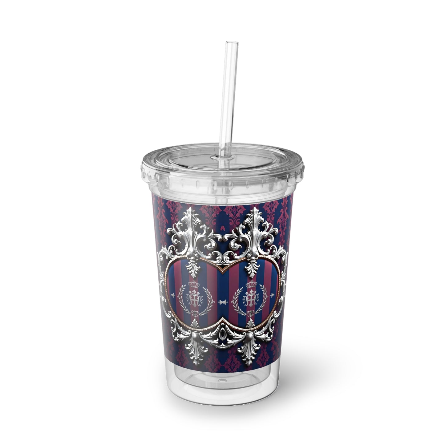 Stylish Acrylic Cup with Elegant Pattern, Gift for Coffee Lovers, Reusable Drinkware, Luxe Travel Mug, Birthday Present - Blue & Plum Striped Silver Crest