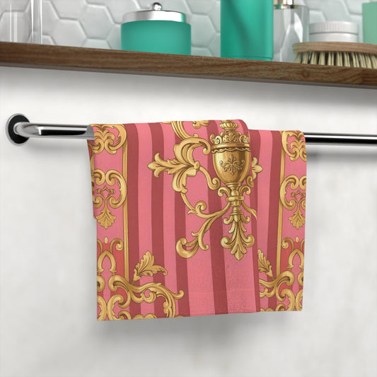 Elegant Pink and Gold Face Towel | Luxurious Bath Towel | Vintage Style Towel | Bathroom Decor | Gift for Her | Pink Striped Gold Baroque