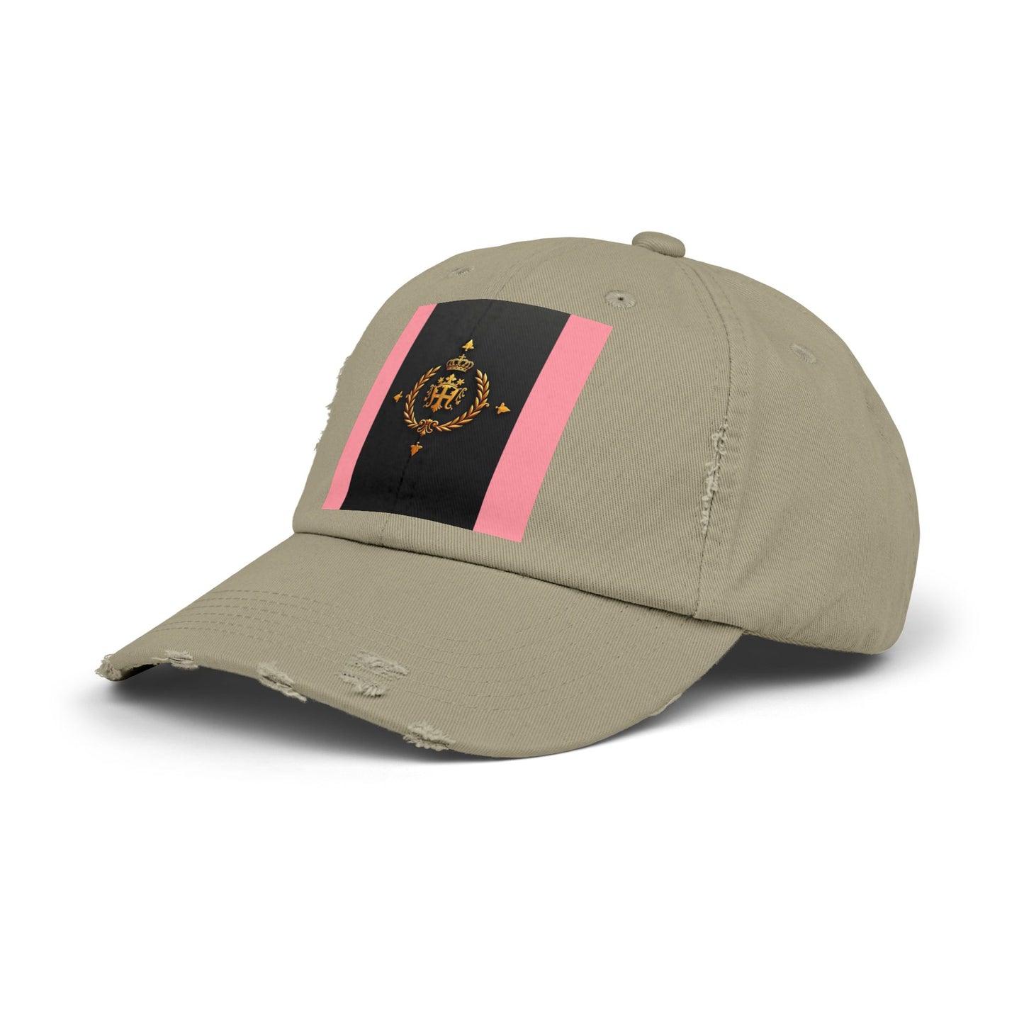 Stylish Unisex Distressed Cap with Trendy Design, Casual Accessories for Everyday Wear, Fashion Statement Cap - Pink Striped Gold Crest