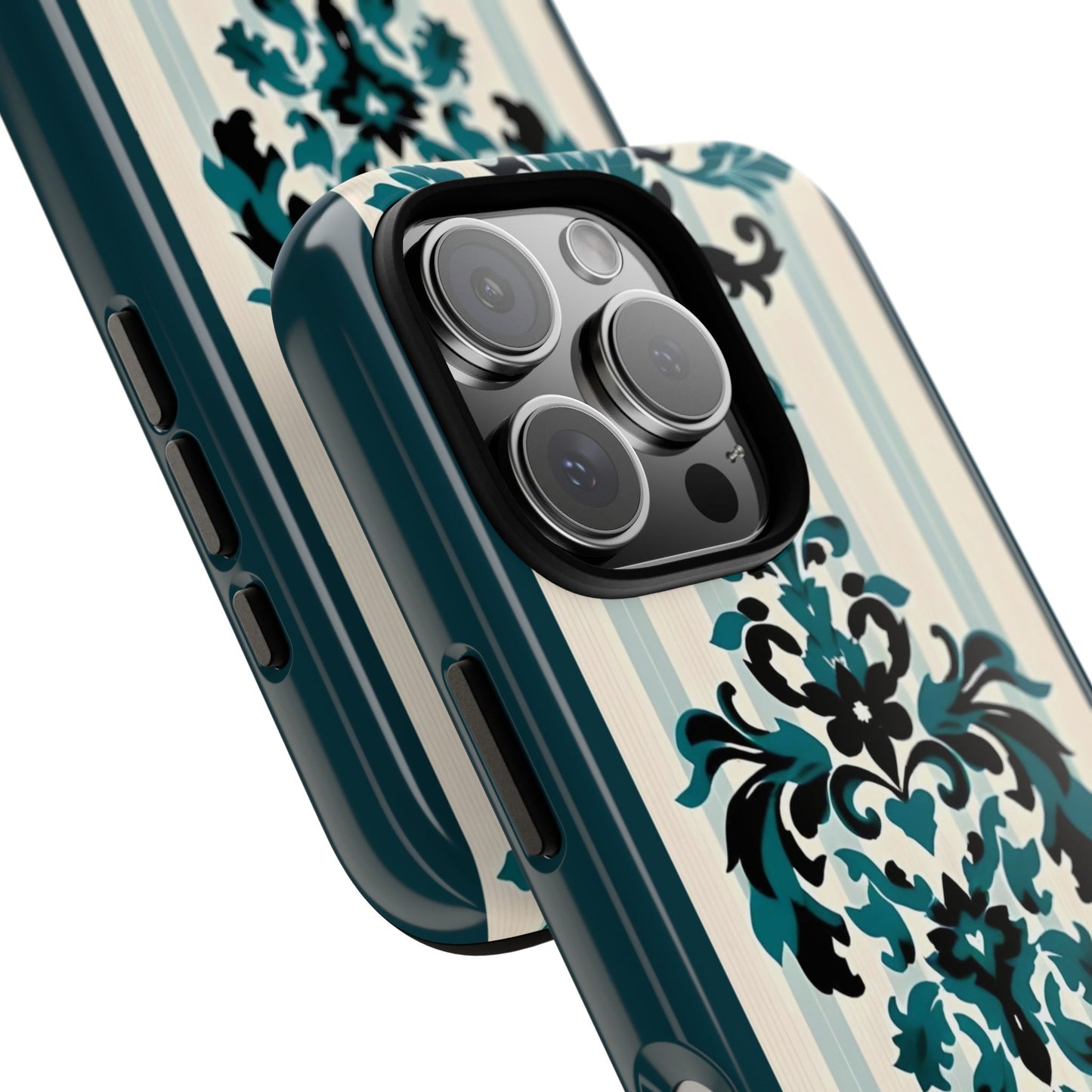 Elegant Floral Phone Case - Tough Cases with Vintage Design - Teal Striped Damask