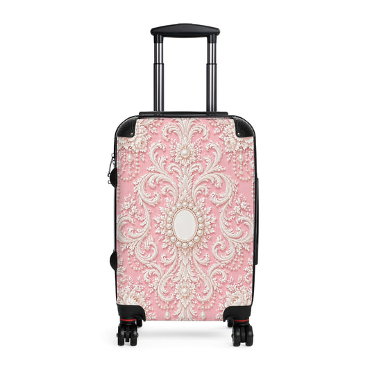 Pink Rococo Suitcase – Vintage Pearl Ornate Travel Luggage