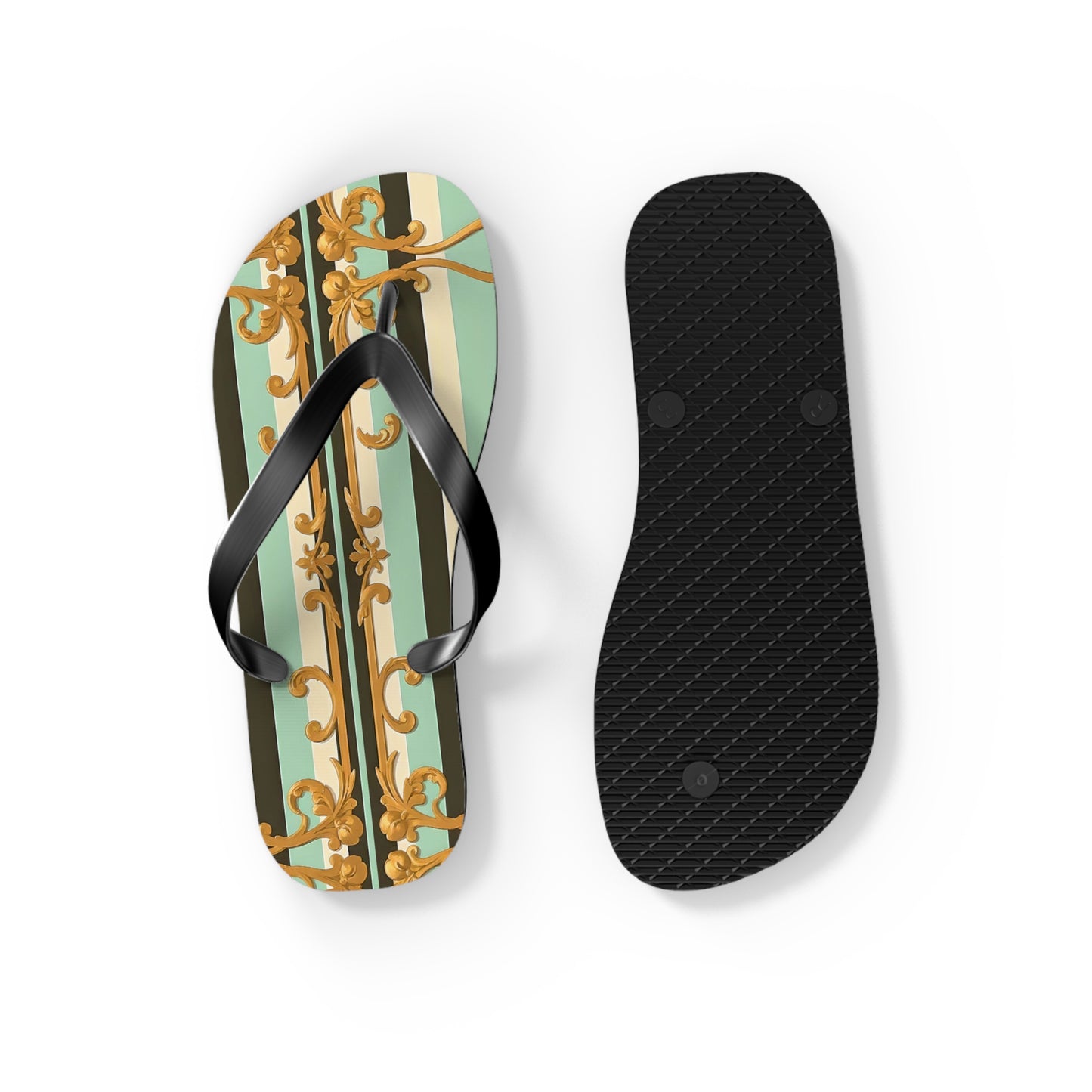 Elegant Patterned Flip Flops, Summer Sandals, Vacation Footwear, Beach Day Slippers, Festival Essentials - Black & Matte Mint Striped Rococo