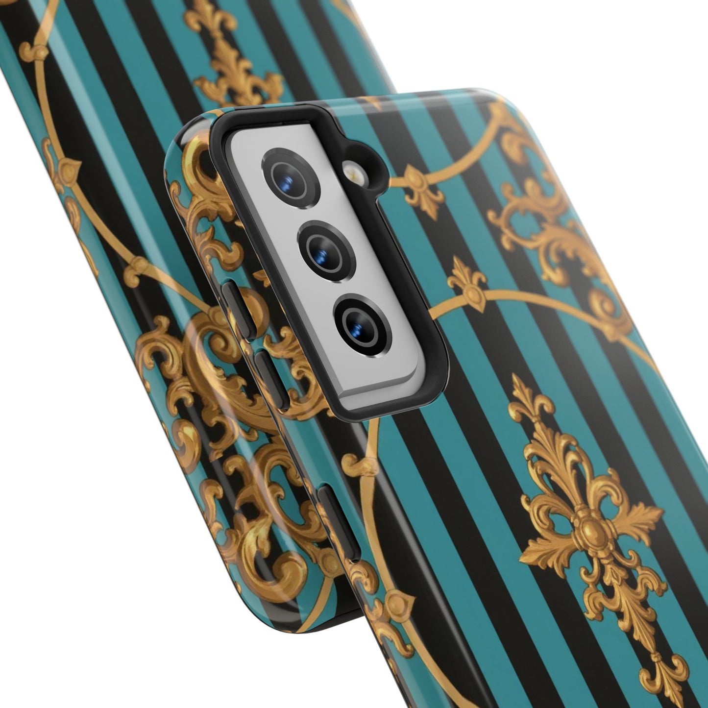 Elegant Turquoise & Black Striped Gold Baroque Phone Case, Tough Phone Cases for Fashion Lovers, Gift for Her, Luxury Accessories