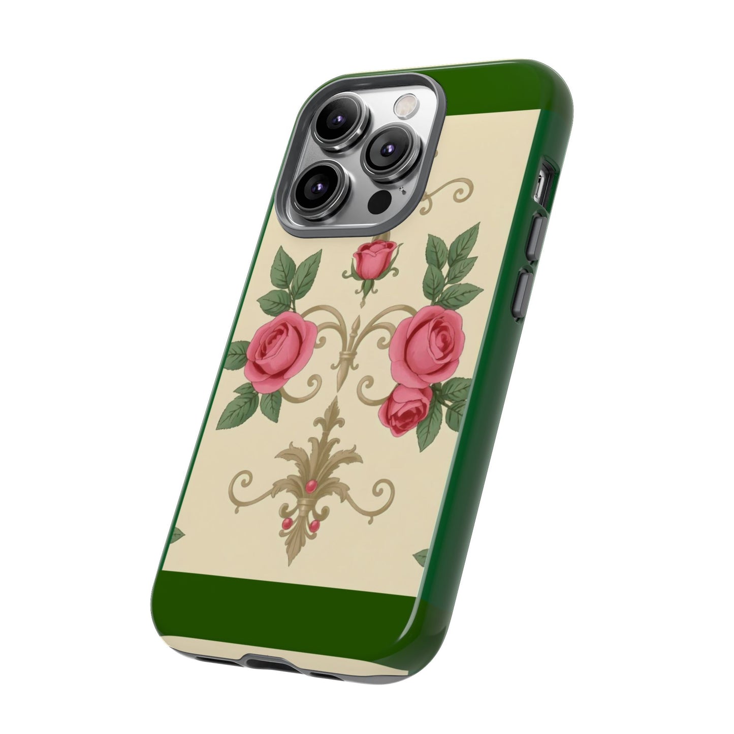 Elegant Floral Motif Phone Case - Tough Cases with Vintage Design - Green Border Roses & Damask