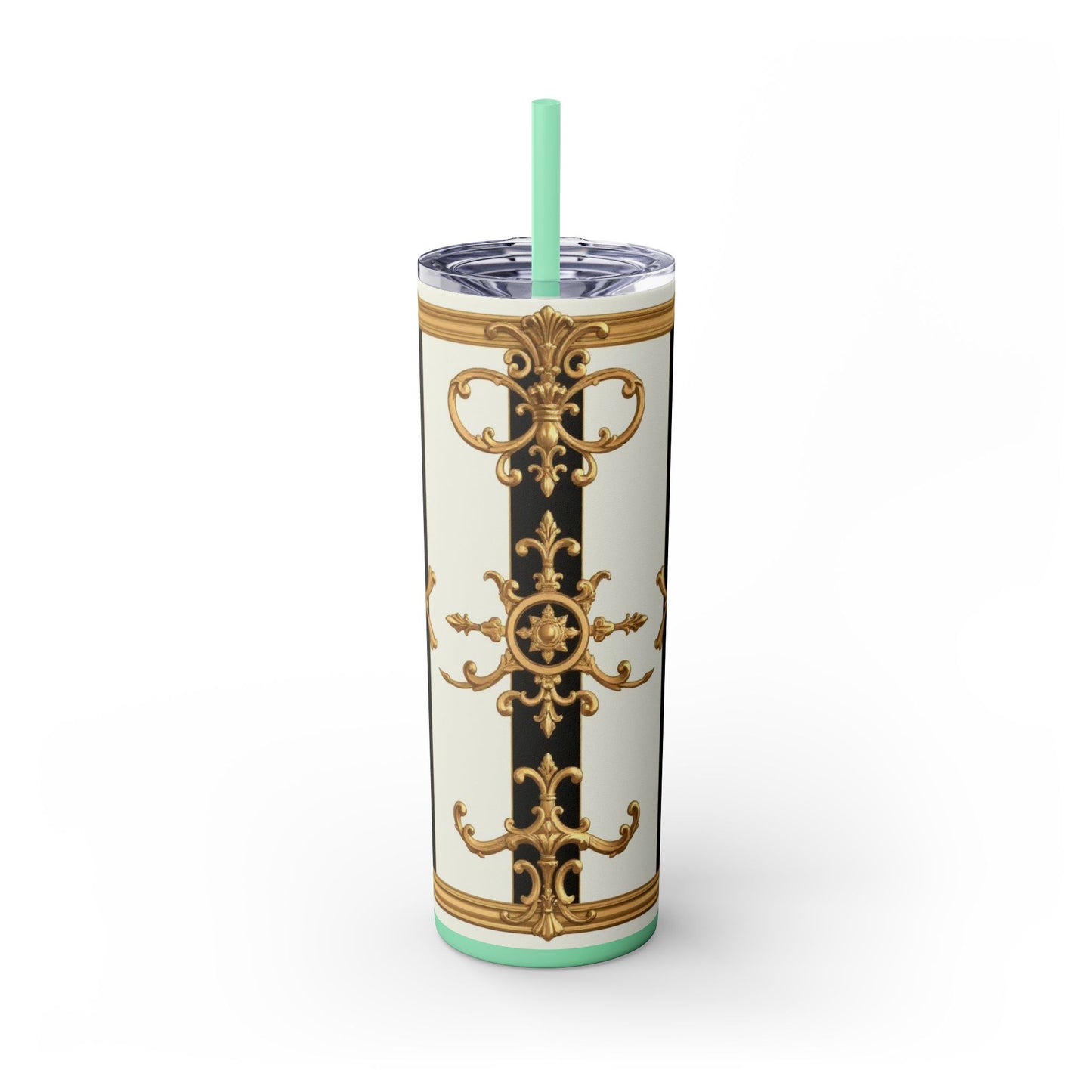Elegant Gold Accents Skinny Tumbler, 20oz - Stylish Drinkware for Weddings, Parties, Gifts, or Everyday Use - Black & White Striped Gold Baroque