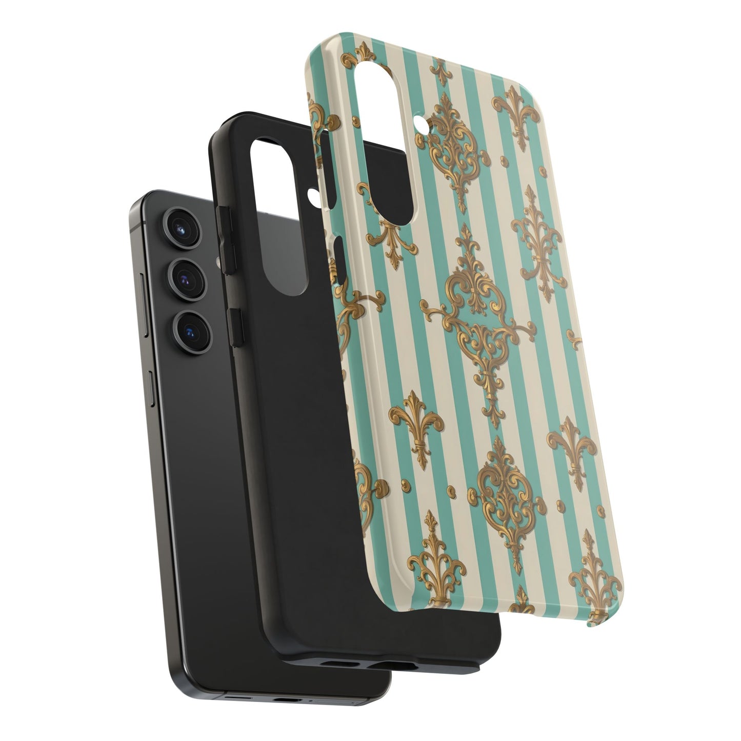 Elegant Striped Phone Case with Vintage Design, Tough Phone Cover, Stylish Smartphone Case - Matte Green Striped Rococo