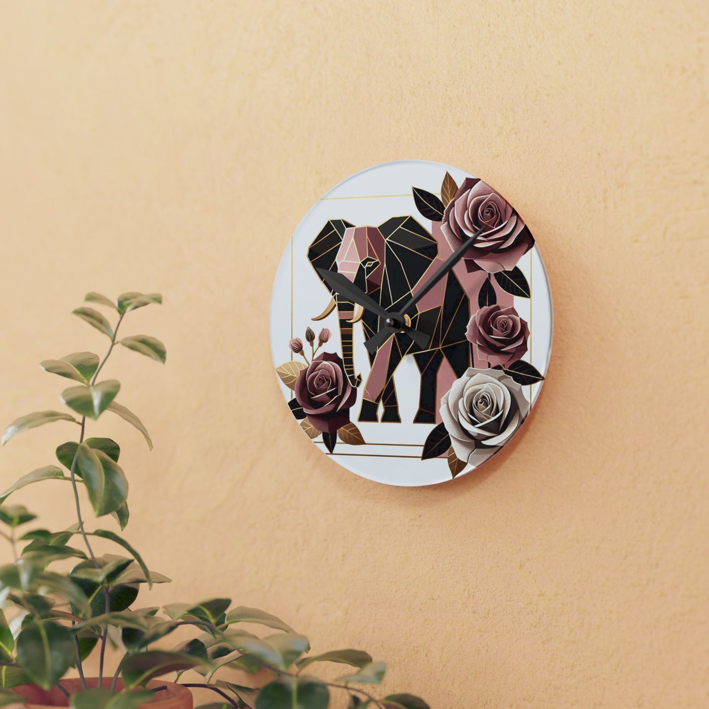 Bohemian Elephant-Inspired Acrylic Wall Clock with Floral Design - Brown & Mauve Elephant & Roses Design