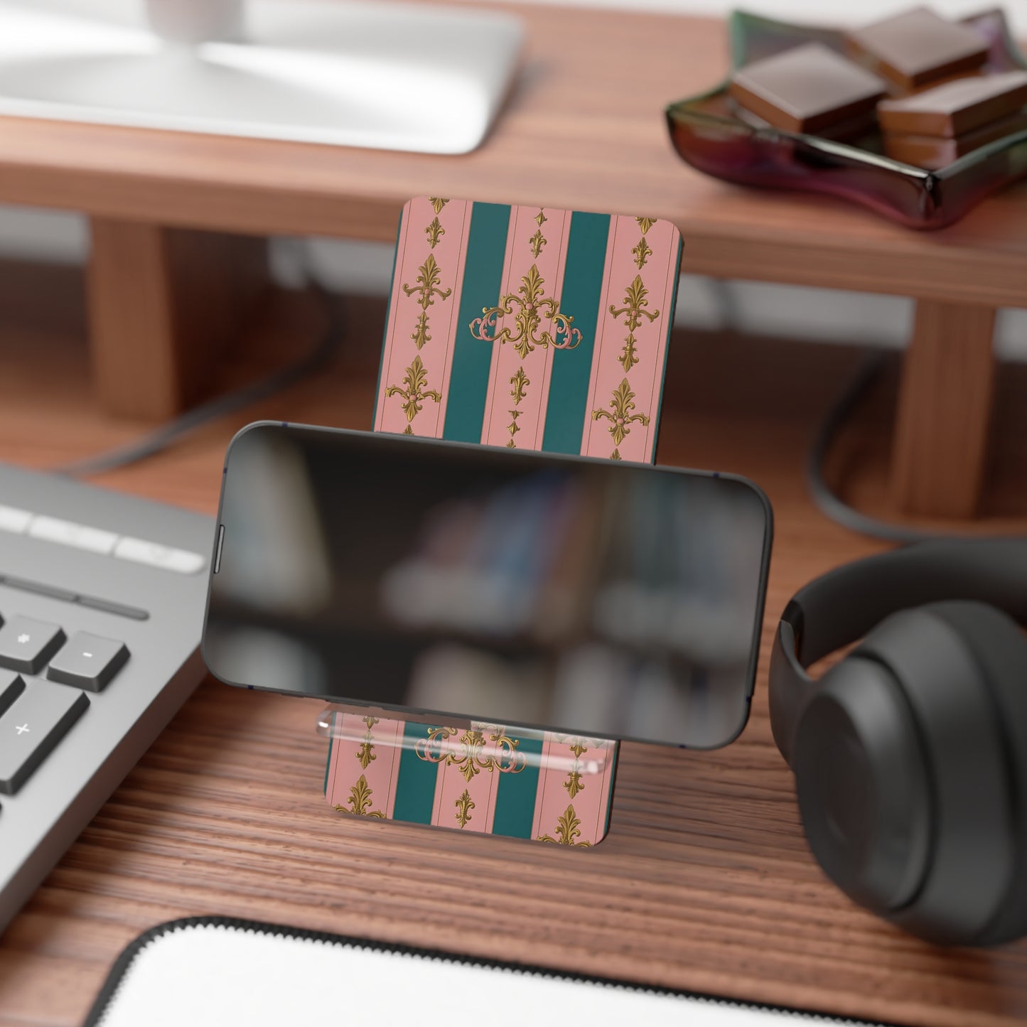 Elegant Mobile Display Stand for Smartphones, Decorative Phone Holder, Trendy Desk Accessory - Pink & Teal Striped Gold Baroque