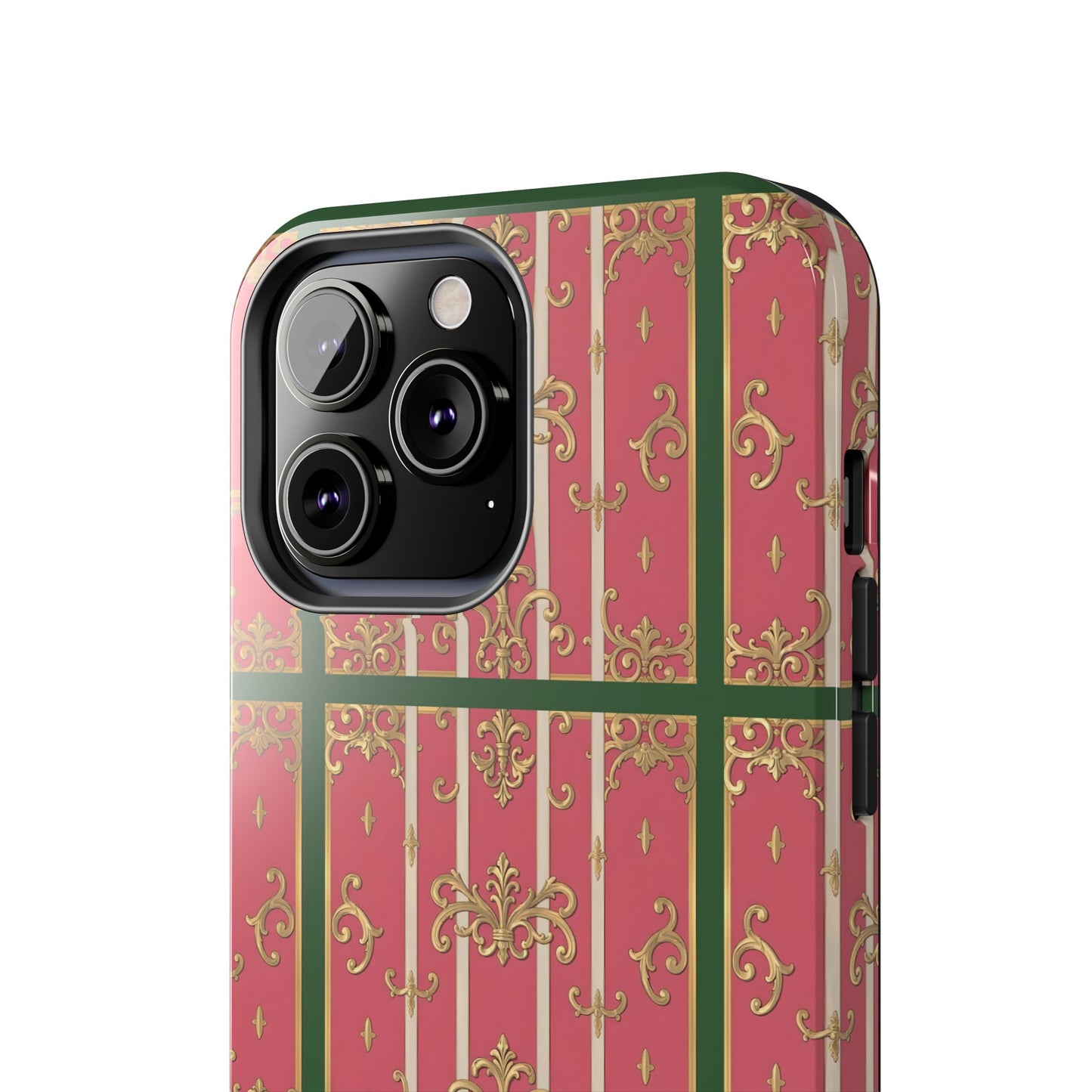 Elegant Green Border Pink Striped Baroque Phone Cases, Tough Phone Cases for Protection, Stylish Mobile Accessories, Gift for Her, Holiday Tech Gifts