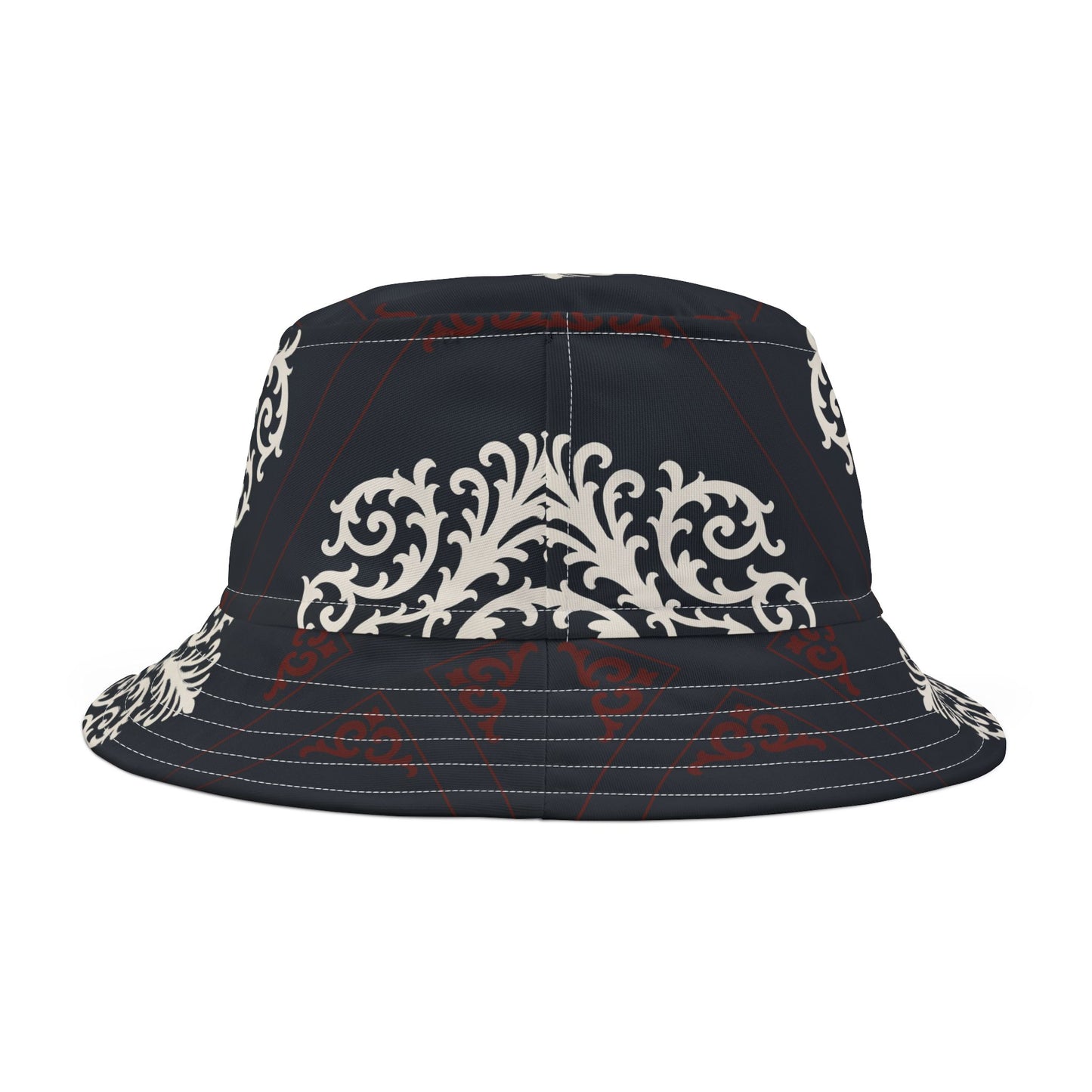 Dusk Blue & Maroon-White Baroque Bucket Hat — Vintage Ornamental Print