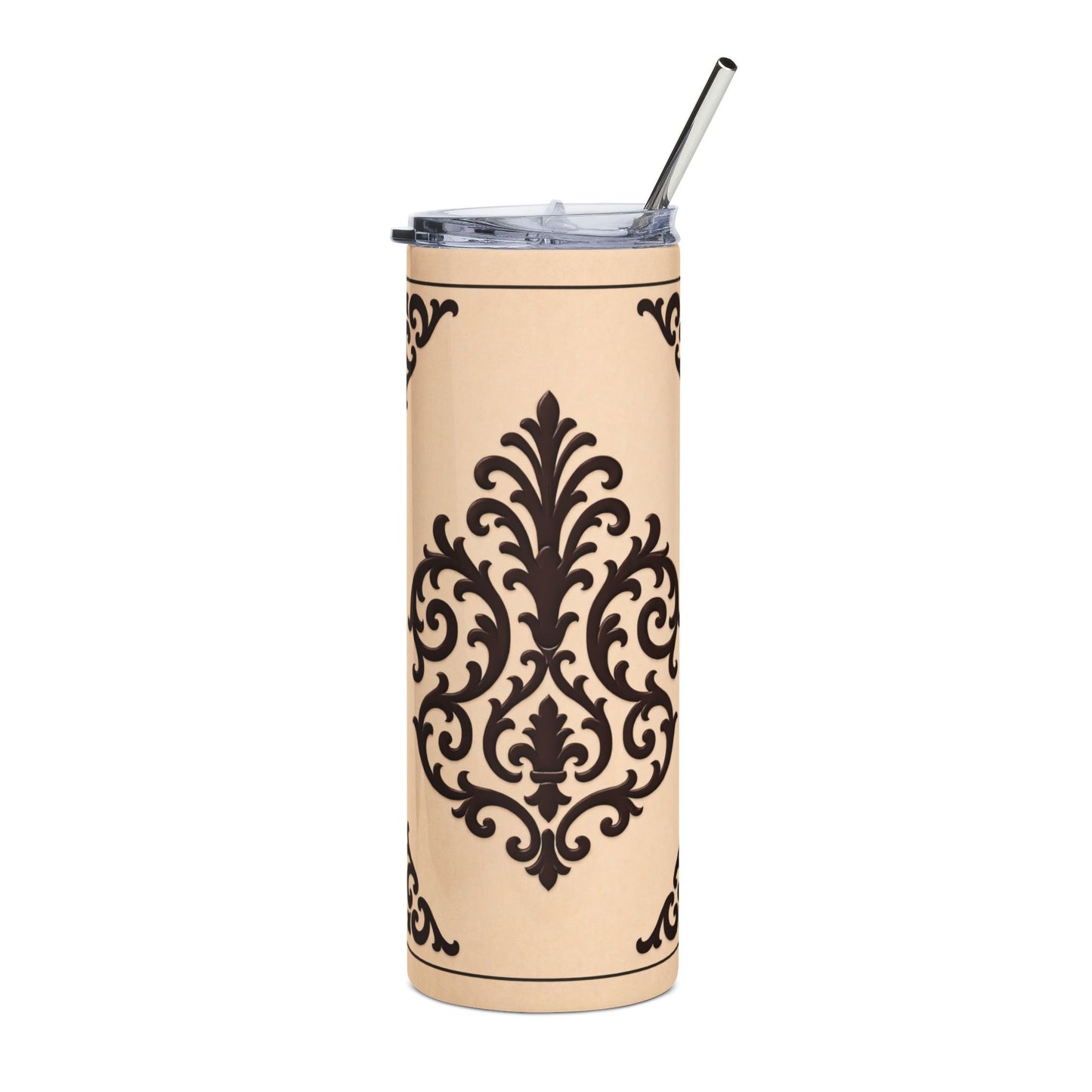 Almond-Beige & Brown Baroque 20oz Stainless Tumbler — Elegant Brown Baroque on Beige
