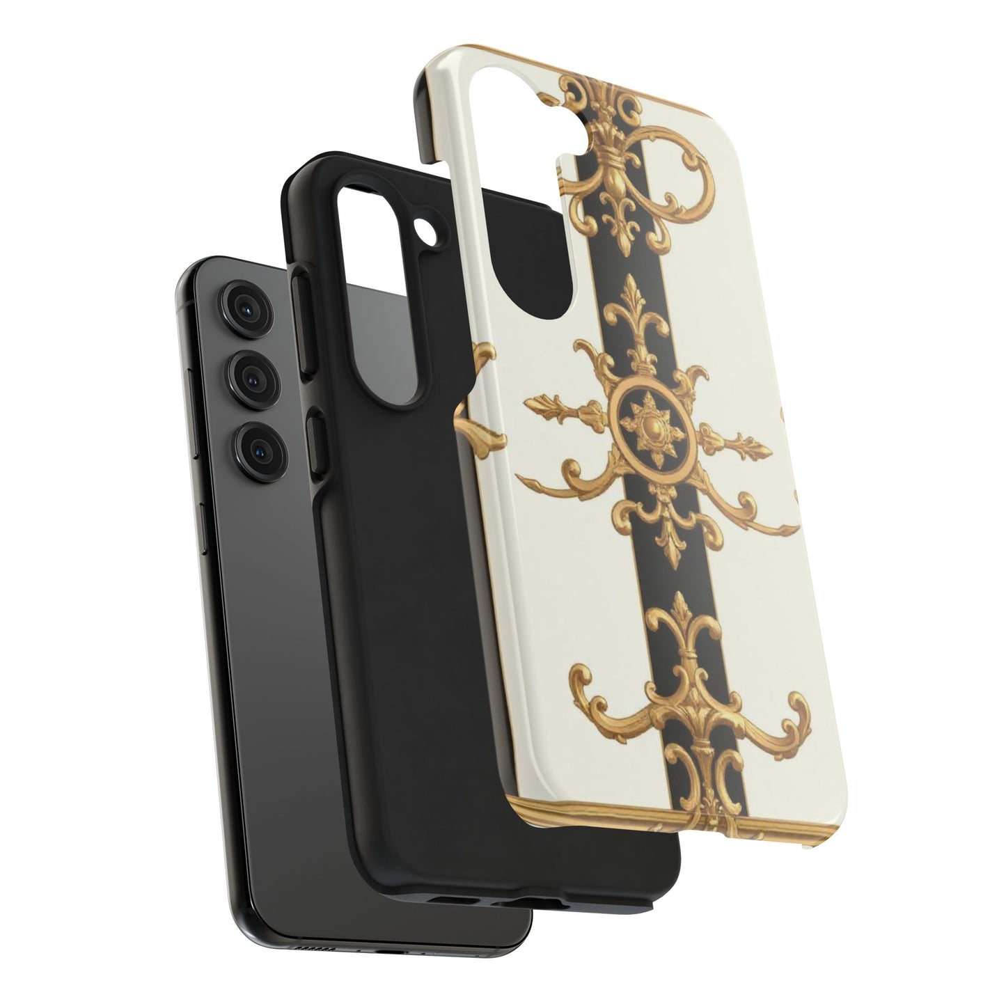 Elegant Baroque Tough Phone Case | Stylish Protection for Your Device, Gift for Her, Phone Accessories - Black & White Striped Gold Baroque