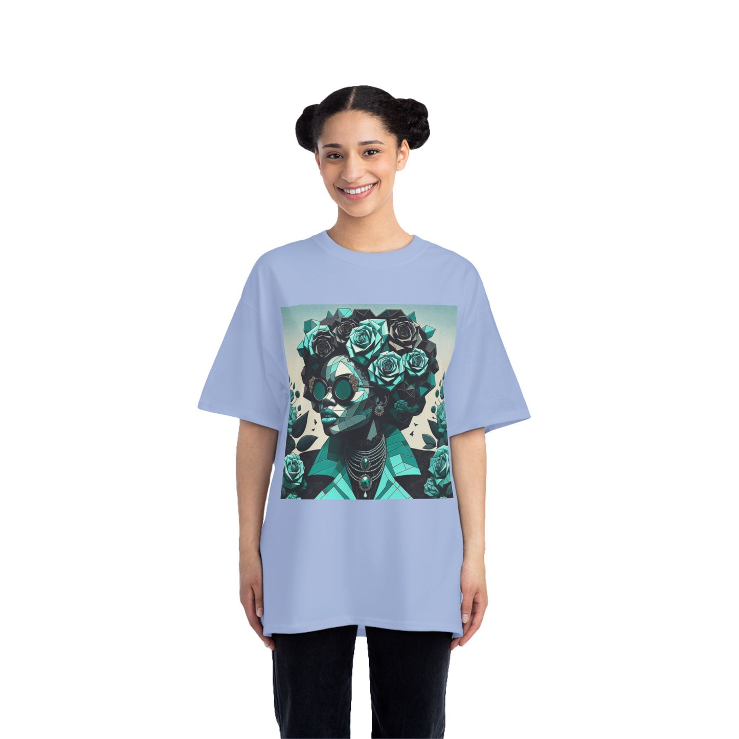 Trendy Floral Graphic Tee | Artistic Short-Sleeve Shirt, Fashionable Summer Top, Chic Gift for Her - Turquoise & Black Roses Lady