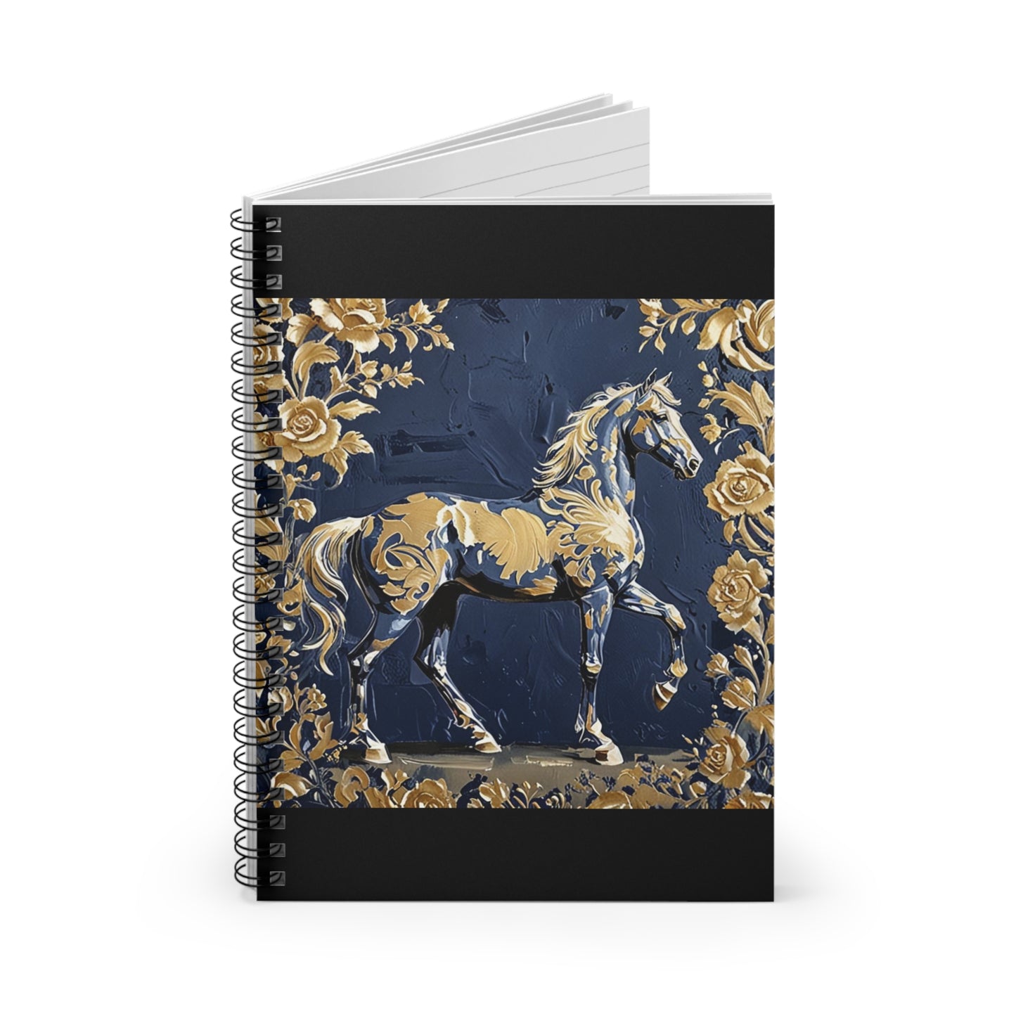 Elegant Vintage Spiral Notebook - Ruled Line with Gold Damask & Midnight Blue Horse